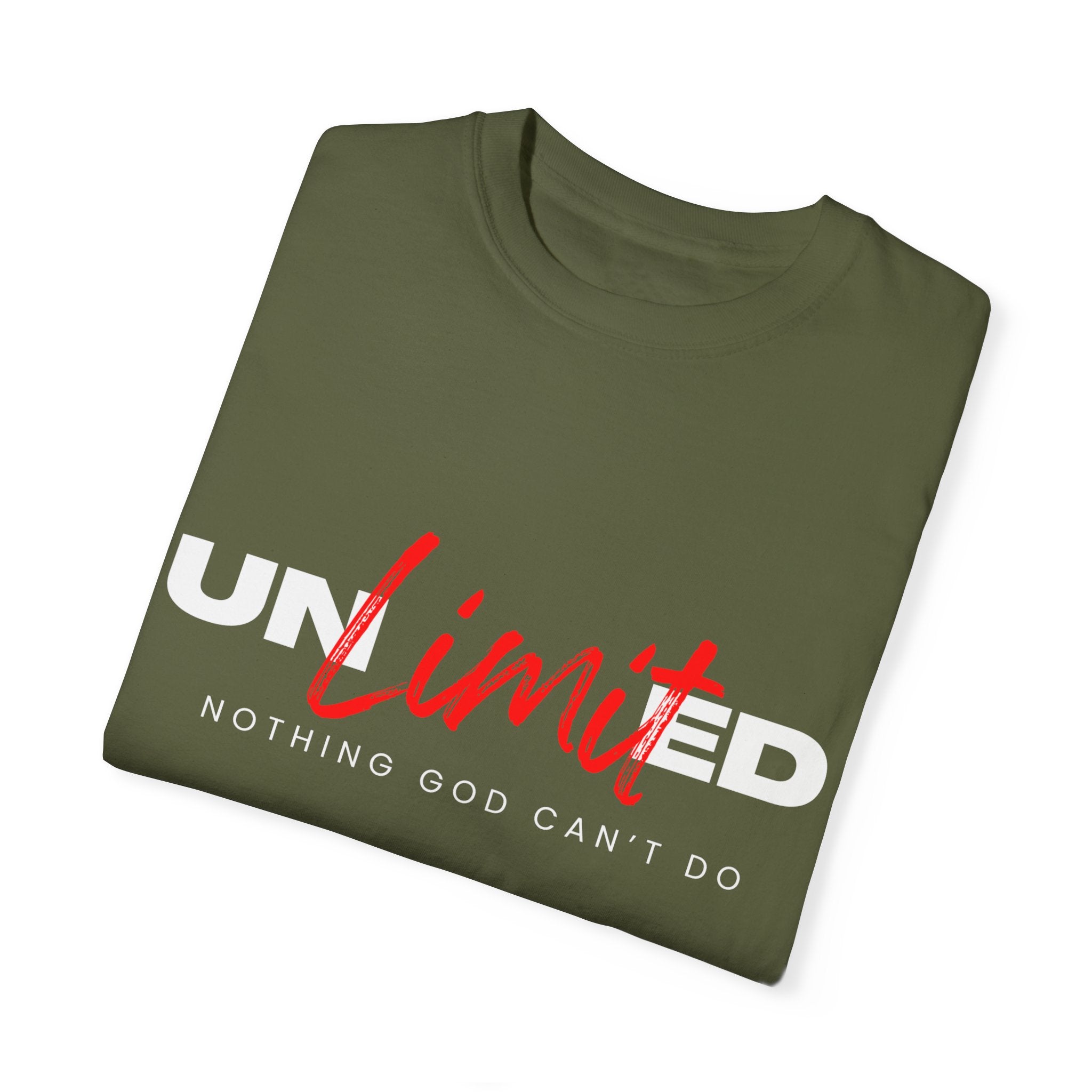 Collection of Unisex Garment-Dyed T-Shirt - "UNLIMITED: Nothing God Can’t Do" Inspirational Tee in a gallery layout