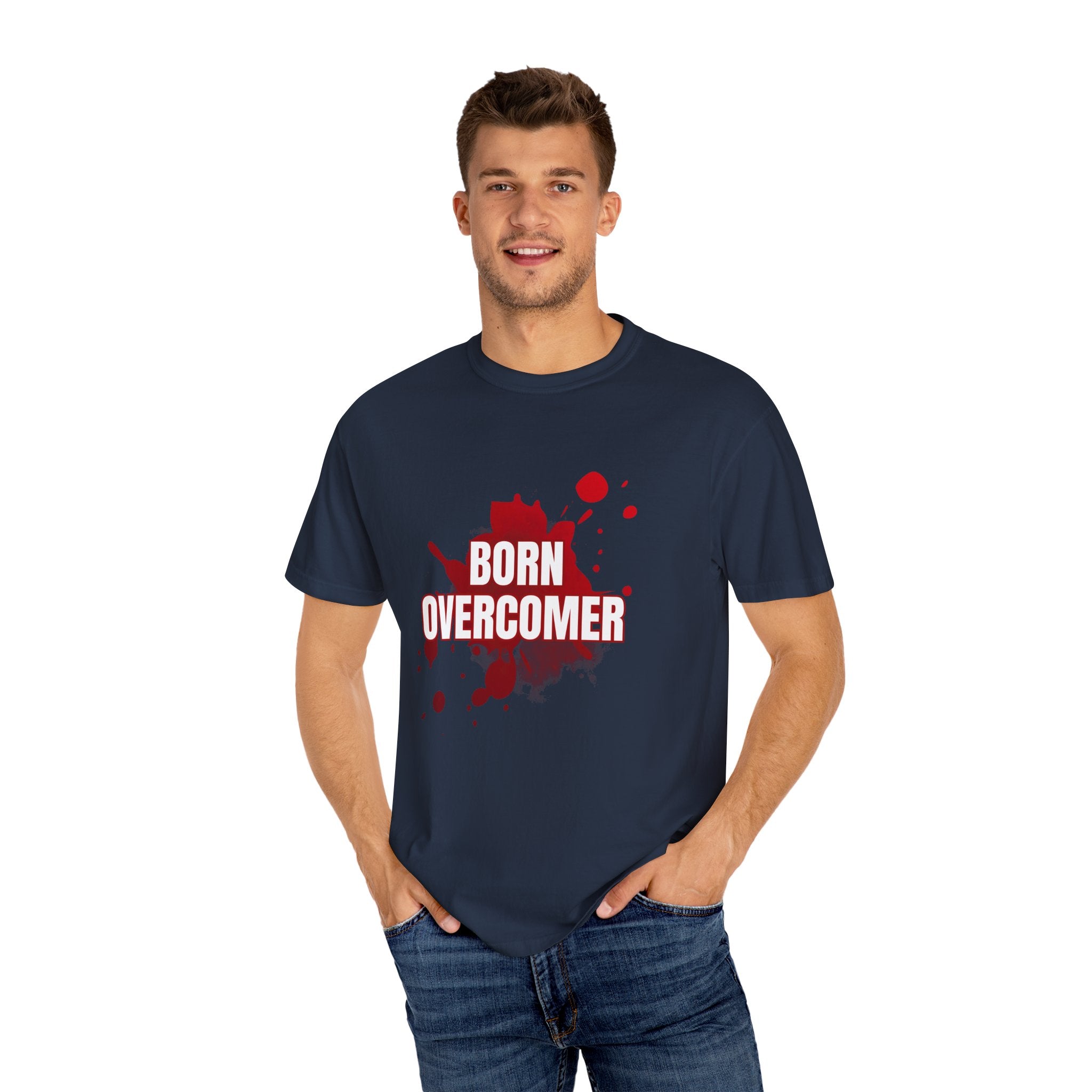 Collection of Born Overcomer Unisex Garment-Dyed T-shirt - Inspirational Tee for Motivated Individuals in a gallery layout