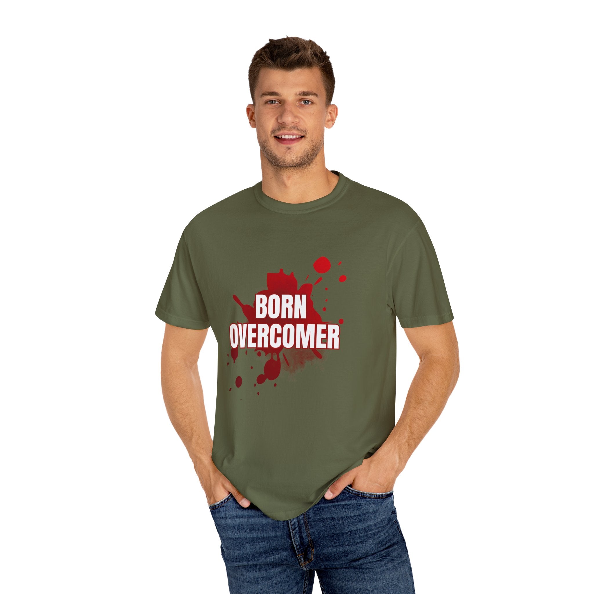 Collection of Born Overcomer Unisex Garment-Dyed T-shirt - Inspirational Tee for Motivated Individuals in a gallery layout
