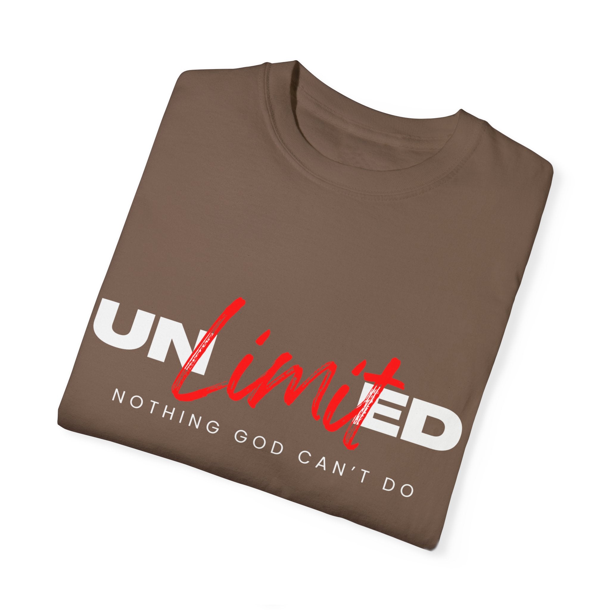 Collection of Unisex Garment-Dyed T-Shirt - "UNLIMITED: Nothing God Can’t Do" Inspirational Tee in a gallery layout