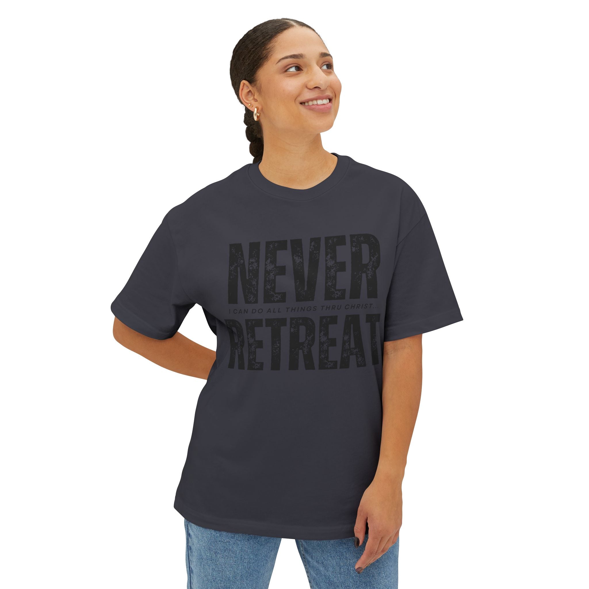 Collection of Motivational Oversized Tee - Never Retreat, Comfort Shirt, Casual Wear, Inspirational Gift, Unisex T-Shirt, Relaxed Fit in a gallery layout