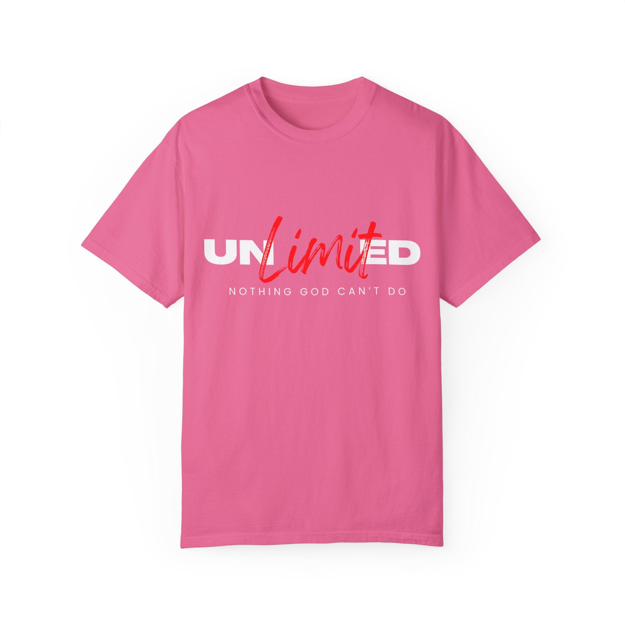 Collection of Unisex Garment-Dyed T-Shirt - "UNLIMITED: Nothing God Can’t Do" Inspirational Tee in a gallery layout