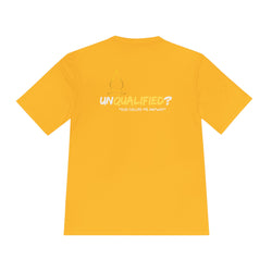 Collection of Unisex Moisture Wicking Tee - 'UNQUALIFIED?' Performance Shirt for Athletes in a gallery layout