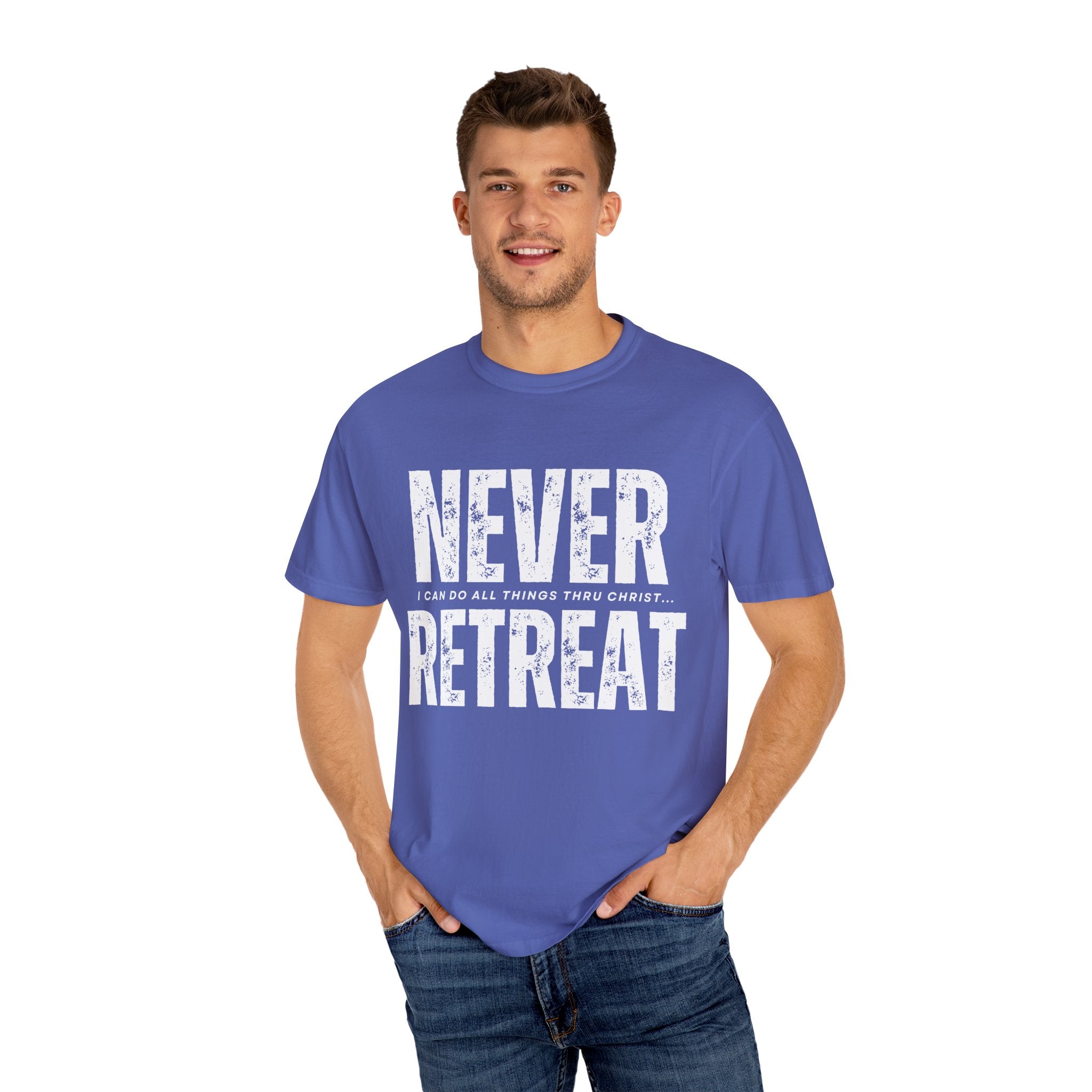 Collection of Never Retreat Shirt for Everyday Wear, Stylish Graphic Tee, Perfect for Gifts, Summer Outfits, Celebrations in a gallery layout