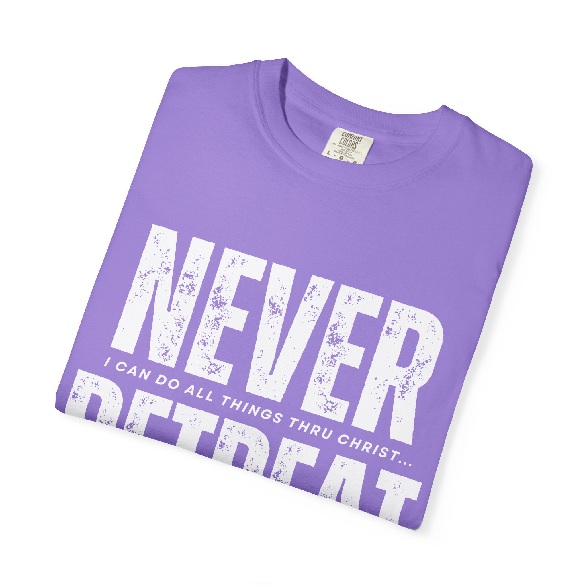 Collection of Never Retreat Shirt for Everyday Wear, Stylish Graphic Tee, Perfect for Gifts, Summer Outfits, Celebrations in a gallery layout