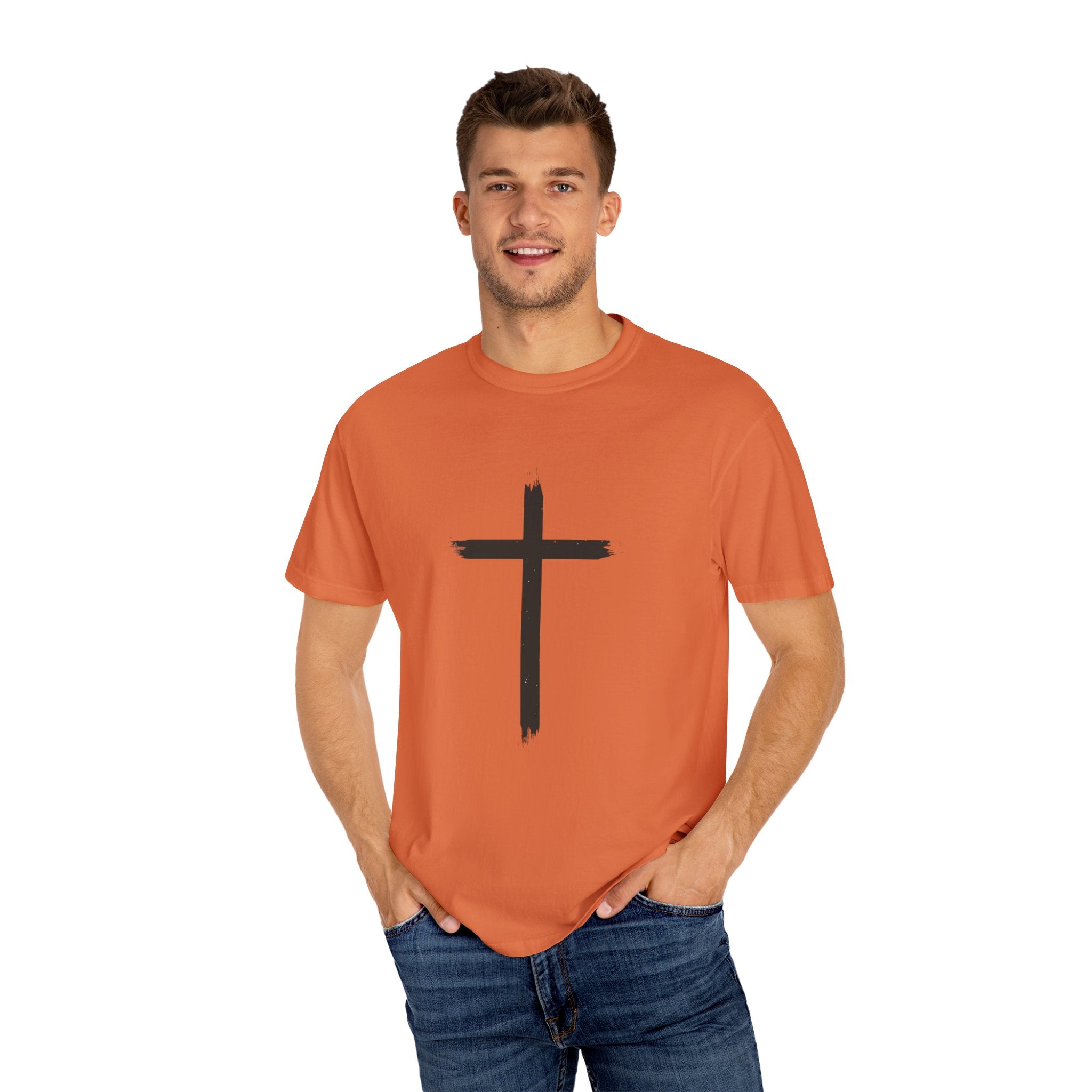Collection of Unisex Garment-Dyed T-Shirt with Cross Design - Faith-Inspired Apparel in a gallery layout