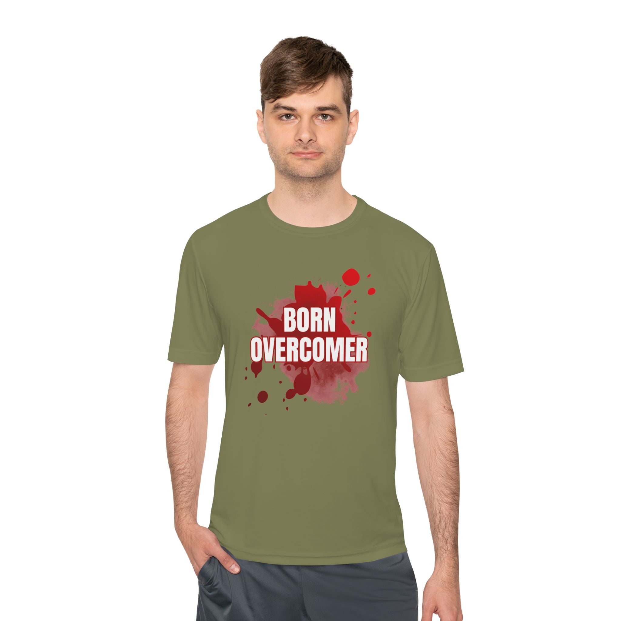 Collection of Born Overcomer Unisex Moisture Wicking Tee - Motivational Fitness Shirt in a gallery layout