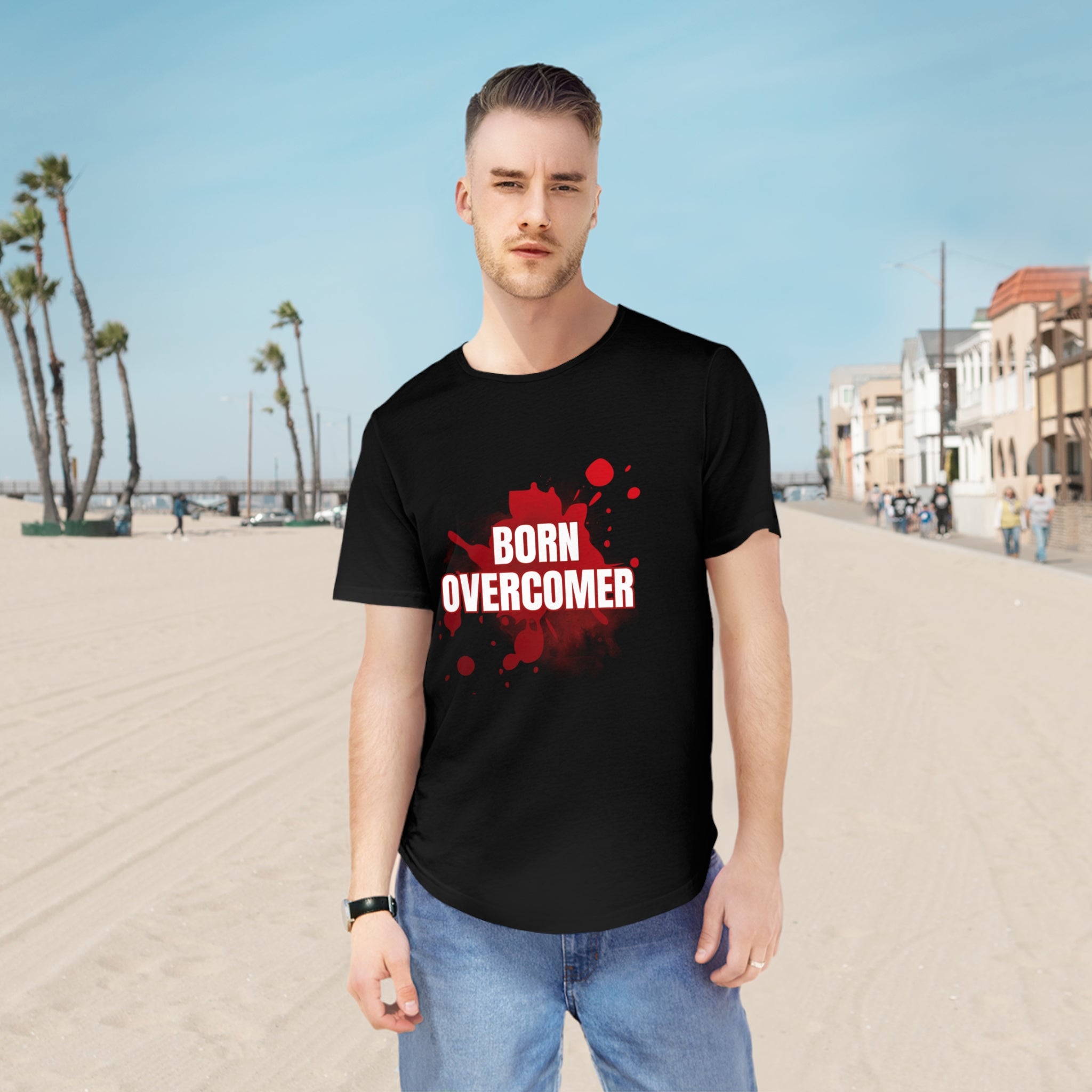 Collection of Born Overcomer Men's Jersey Curved Hem Tee - Inspirational Graphic Tee in a gallery layout