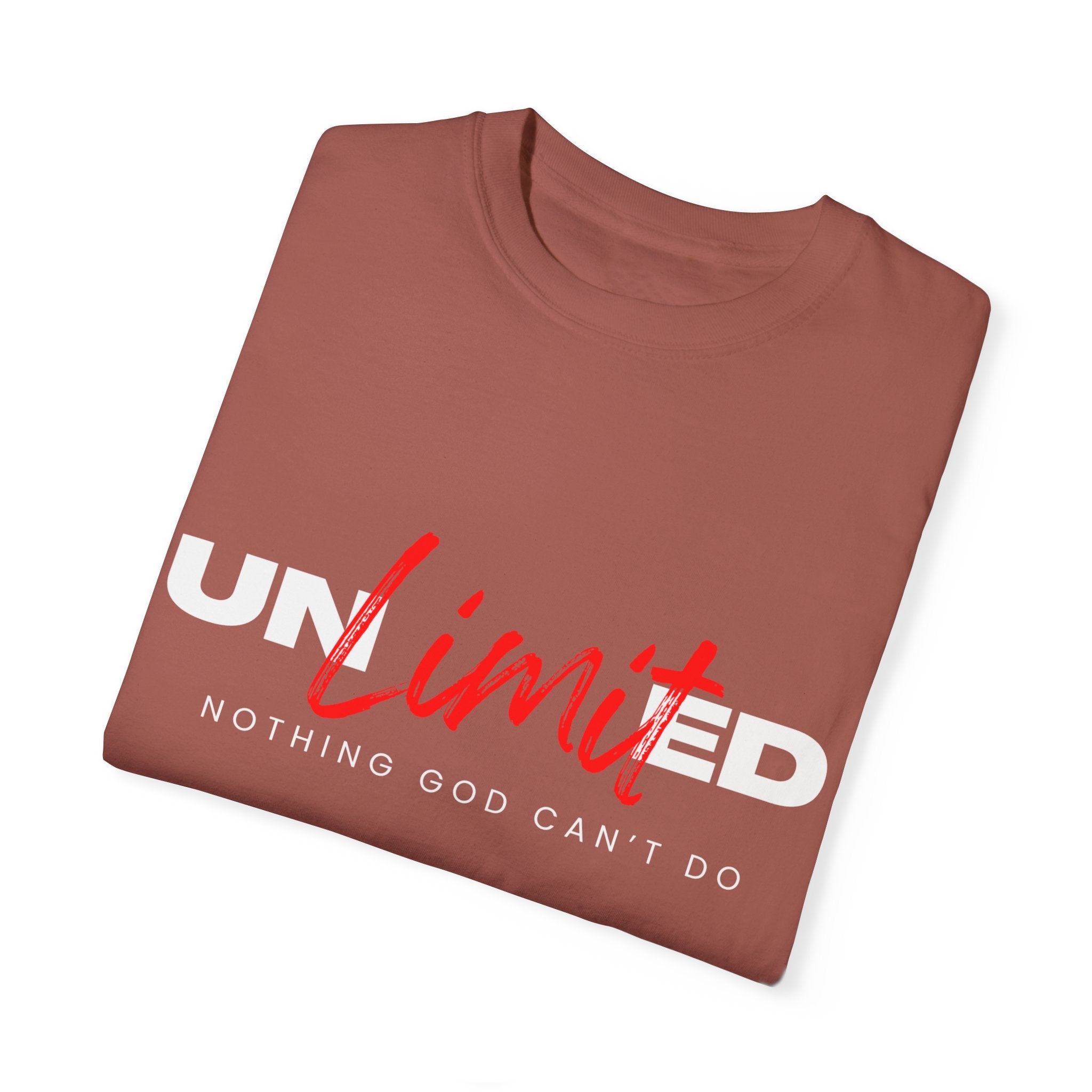 Collection of Unisex Garment-Dyed T-Shirt - "UNLIMITED: Nothing God Can’t Do" Inspirational Tee in a gallery layout