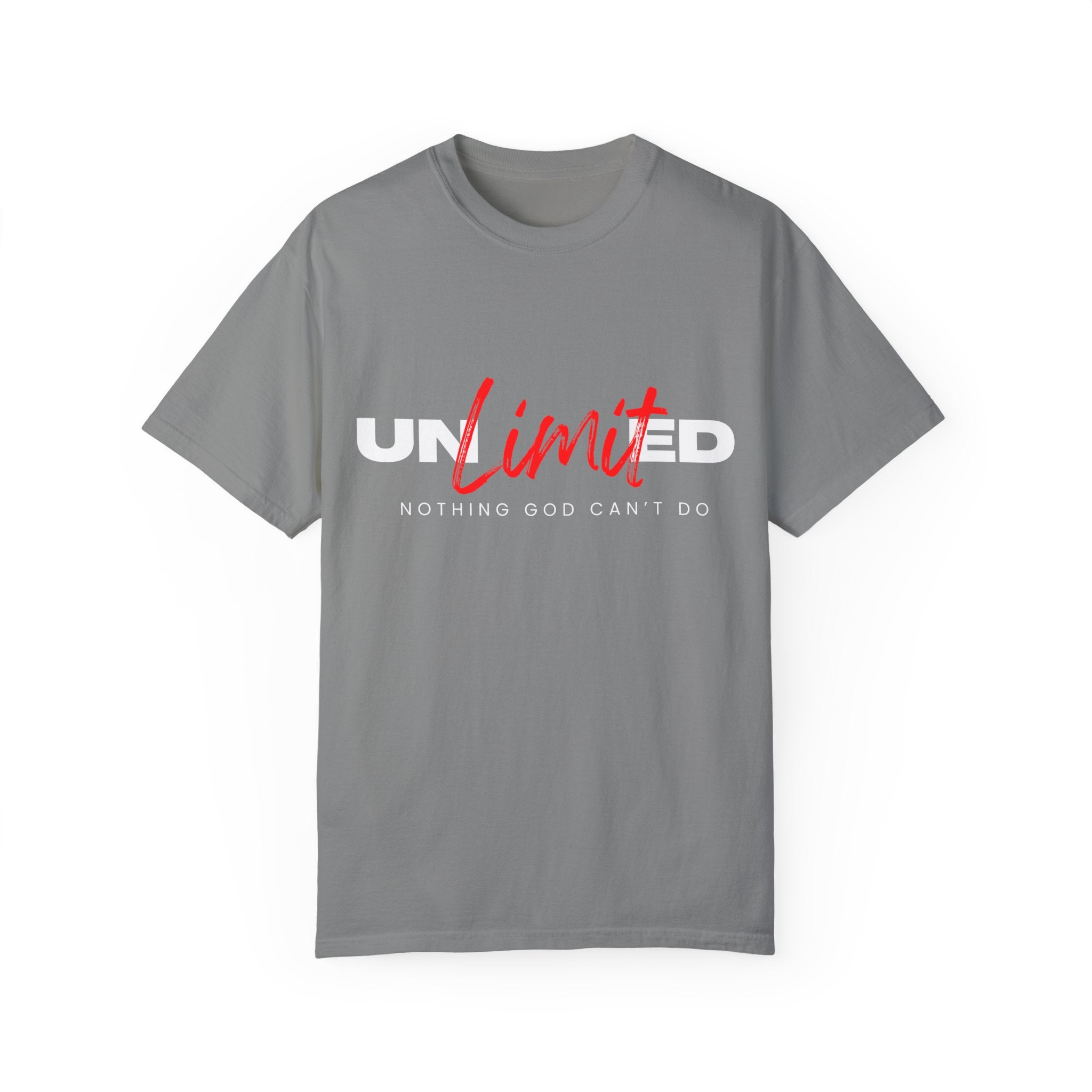 Collection of Unisex Garment-Dyed T-Shirt - "UNLIMITED: Nothing God Can’t Do" Inspirational Tee in a gallery layout