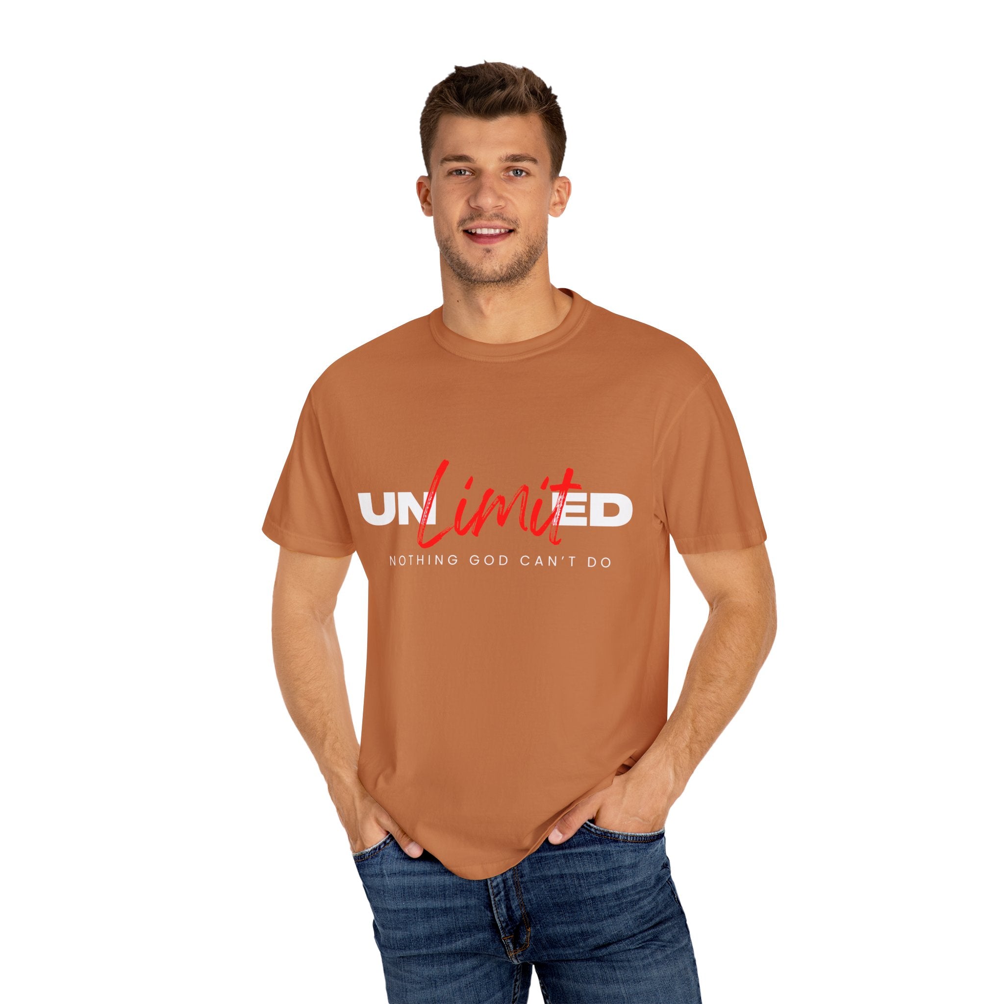 Collection of Unisex Garment-Dyed T-Shirt - "UNLIMITED: Nothing God Can’t Do" Inspirational Tee in a gallery layout