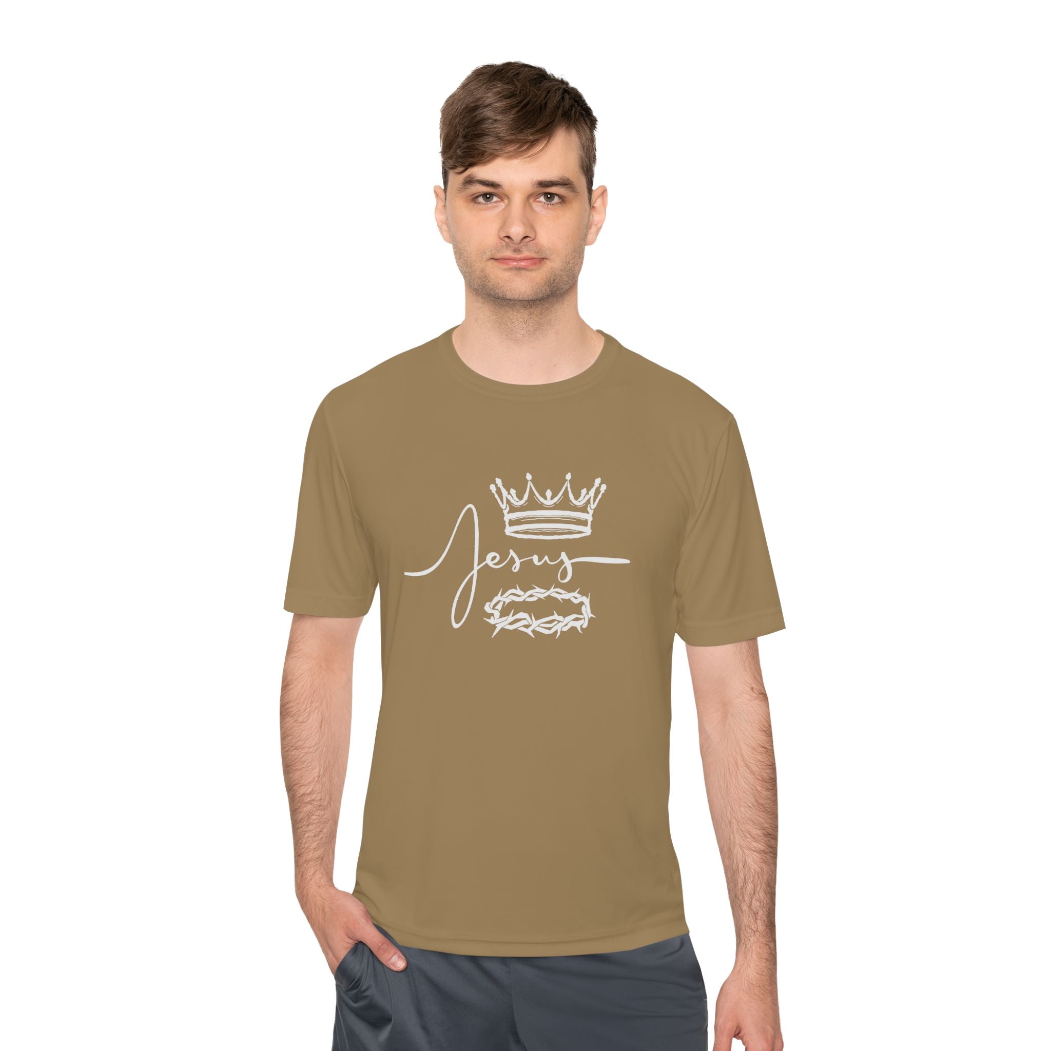 Collection of Faith-Inspired Unisex Moisture Wicking Tee - 'Jesus' Crown Design in a gallery layout