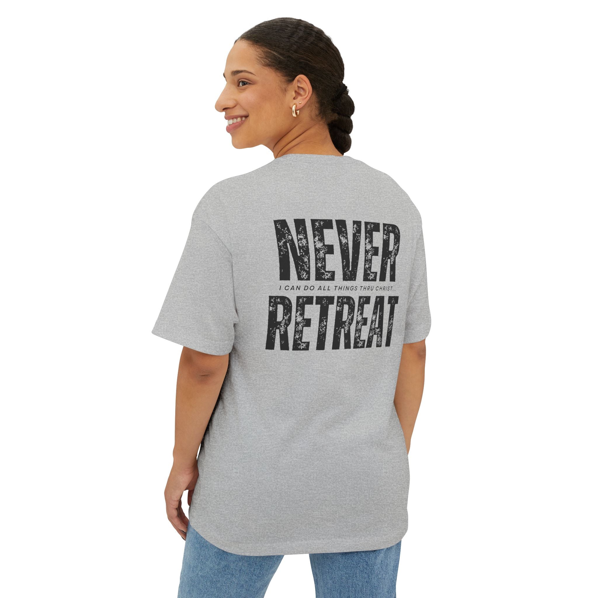 Collection of Motivational Oversized Tee - Never Retreat, Comfort Shirt, Casual Wear, Inspirational Gift, Unisex T-Shirt, Relaxed Fit in a gallery layout