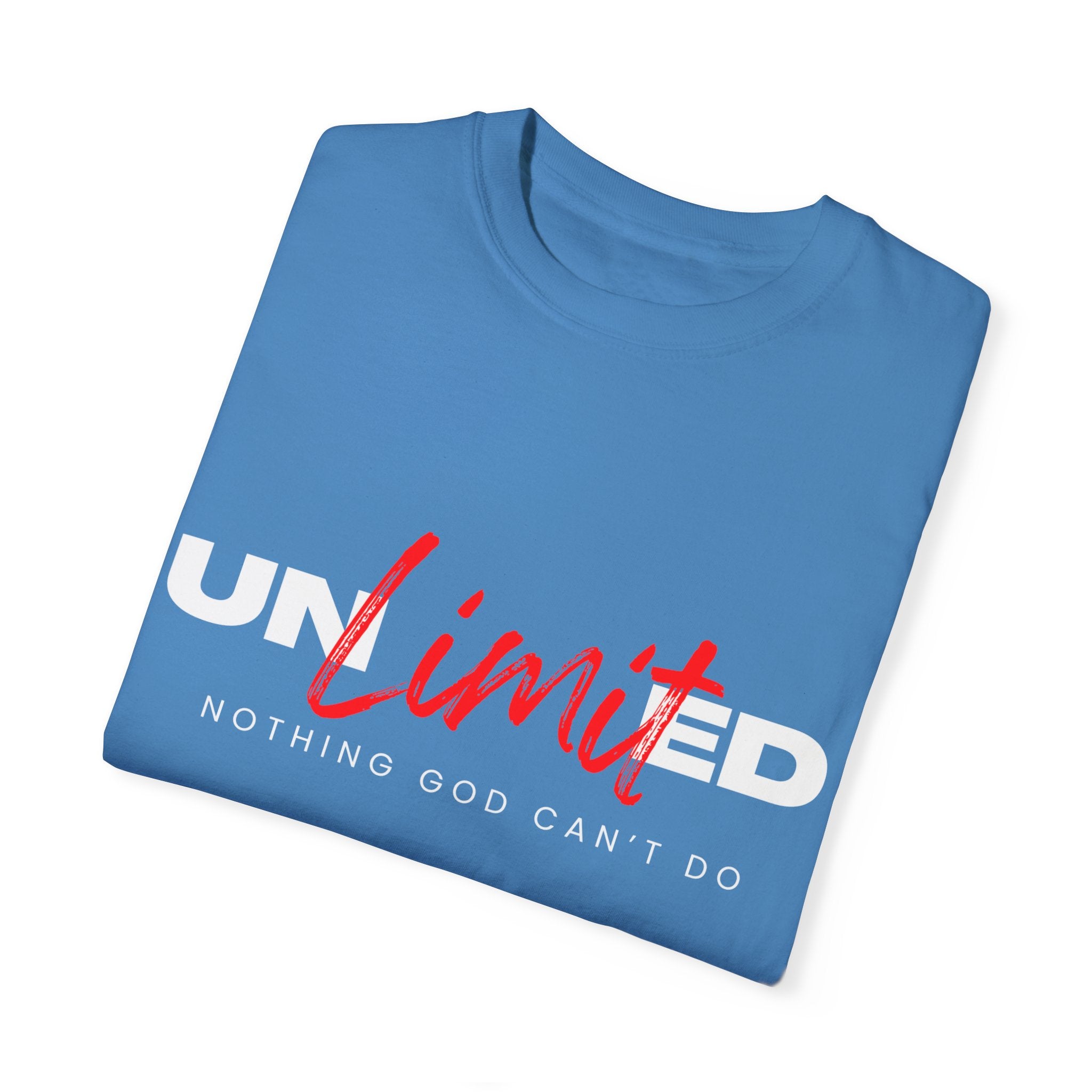 Collection of Unisex Garment-Dyed T-Shirt - "UNLIMITED: Nothing God Can’t Do" Inspirational Tee in a gallery layout