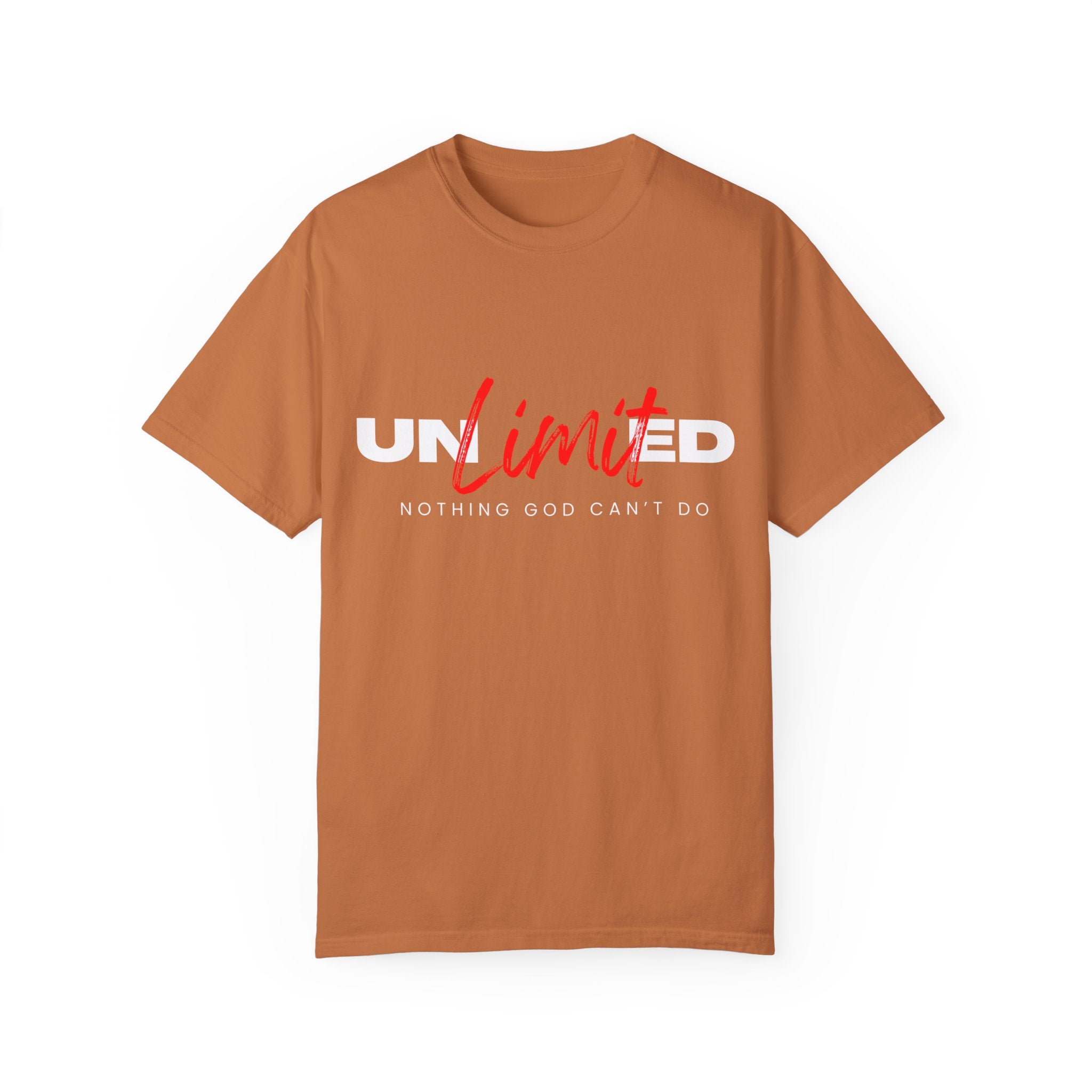 Collection of Unisex Garment-Dyed T-Shirt - "UNLIMITED: Nothing God Can’t Do" Inspirational Tee in a gallery layout