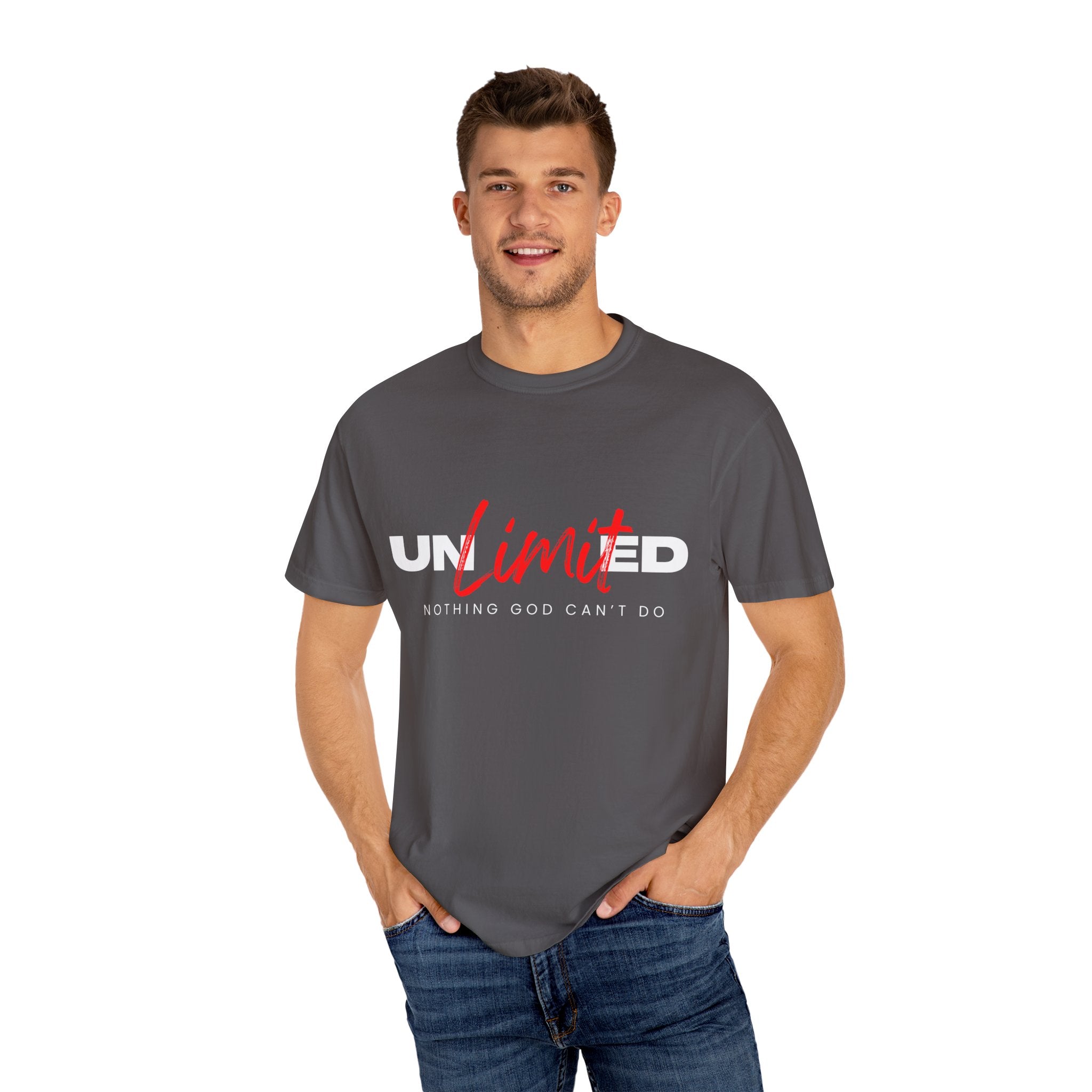 Collection of Unisex Garment-Dyed T-Shirt - "UNLIMITED: Nothing God Can’t Do" Inspirational Tee in a gallery layout