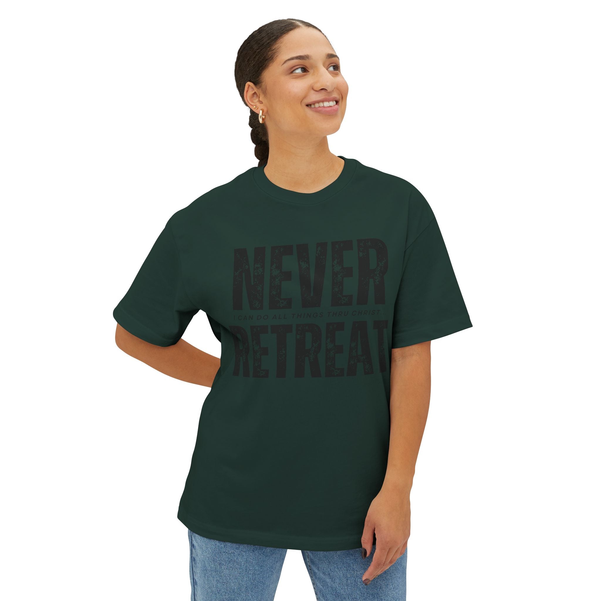 Collection of Motivational Oversized Tee - Never Retreat, Comfort Shirt, Casual Wear, Inspirational Gift, Unisex T-Shirt, Relaxed Fit in a gallery layout