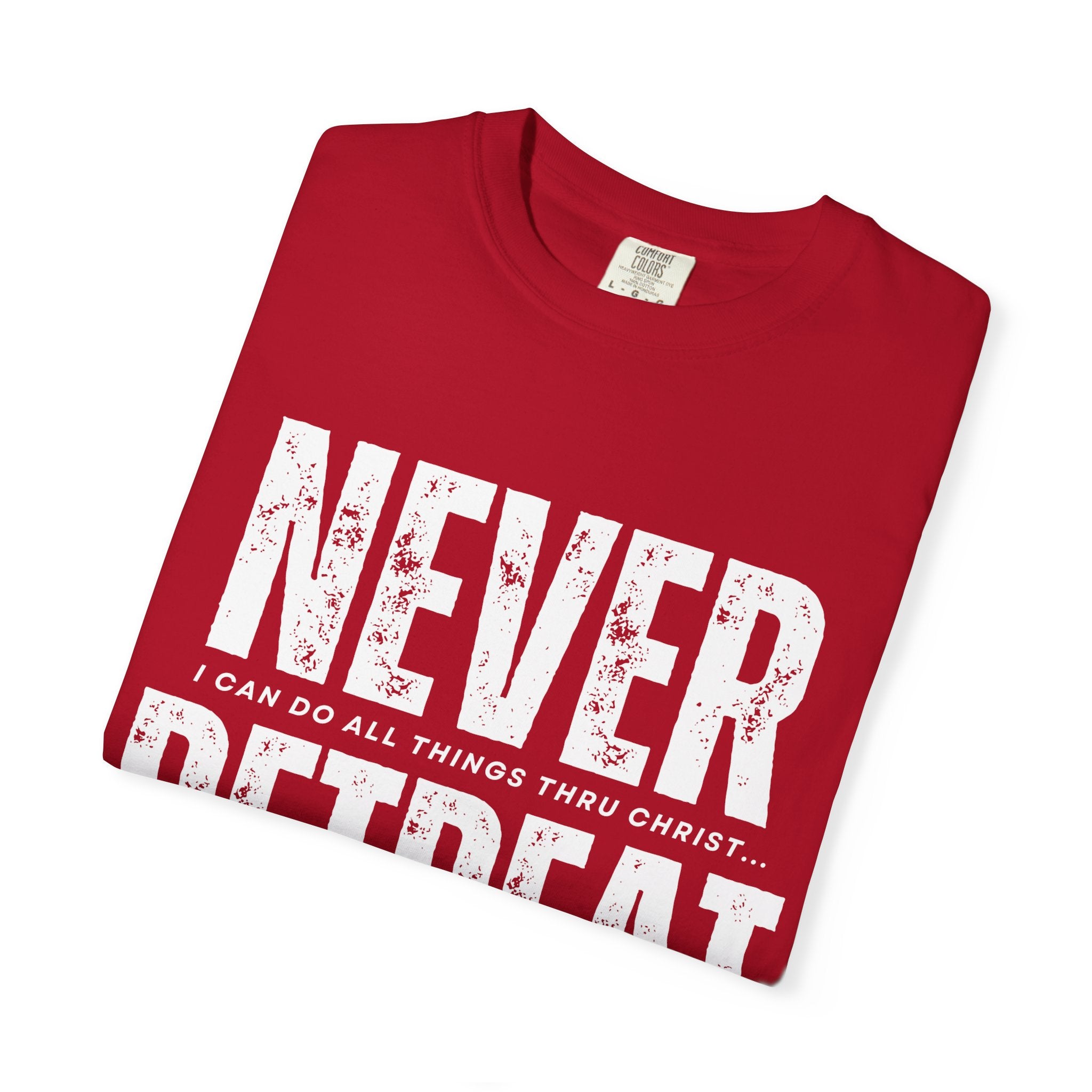 Collection of Never Retreat Shirt for Everyday Wear, Stylish Graphic Tee, Perfect for Gifts, Summer Outfits, Celebrations in a gallery layout