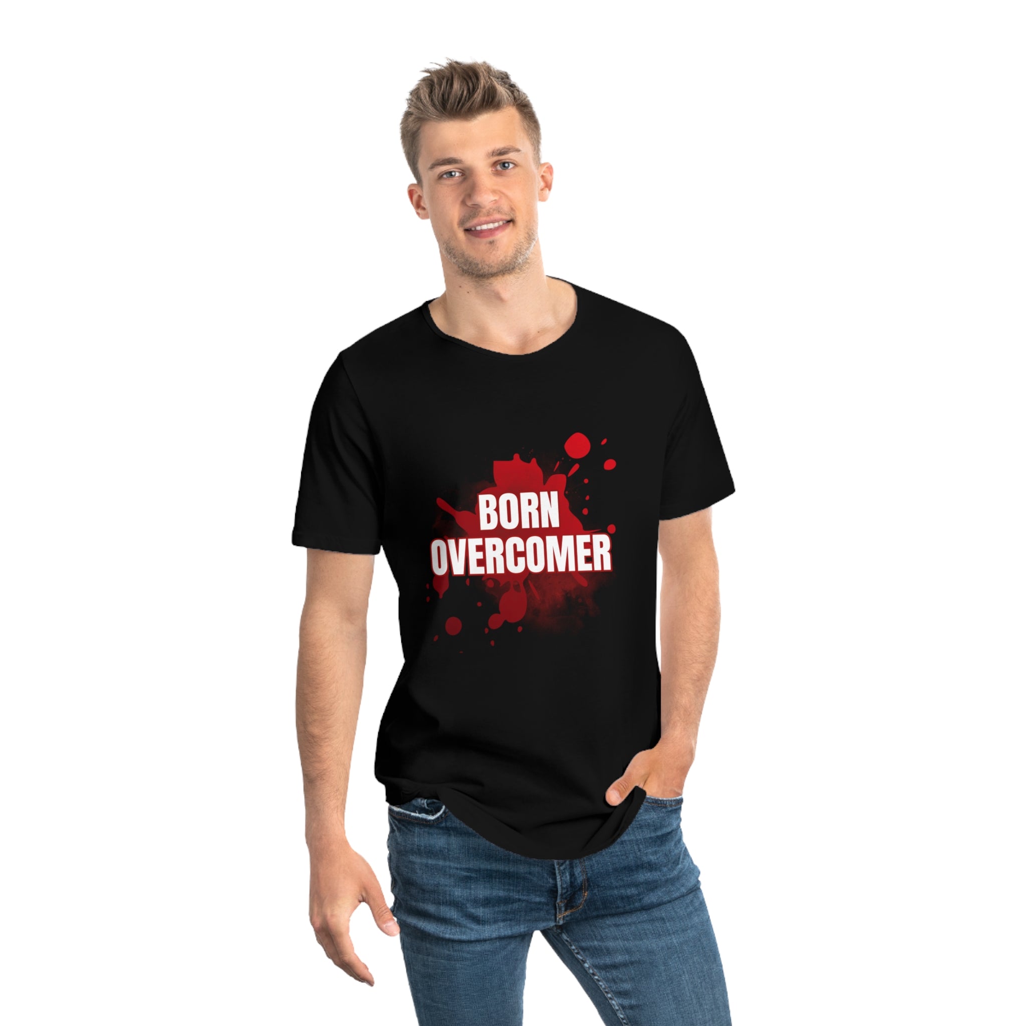Collection of Born Overcomer Men's Jersey Curved Hem Tee - Inspirational Graphic Tee in a gallery layout
