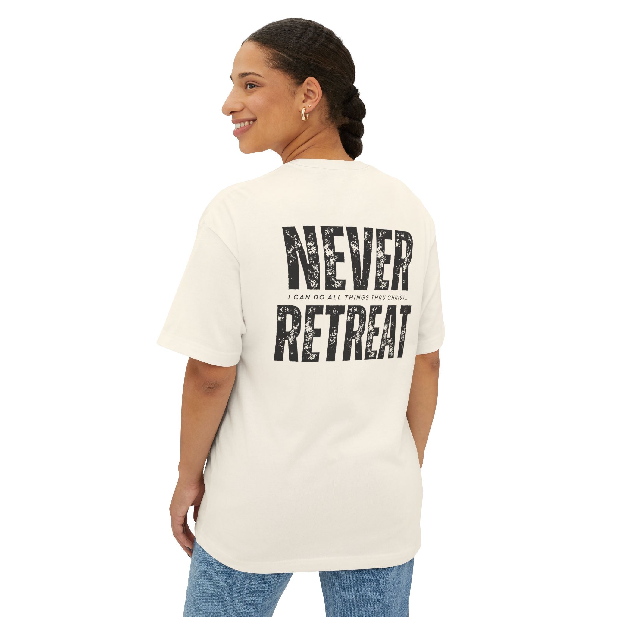 Collection of Motivational Oversized Tee - Never Retreat, Comfort Shirt, Casual Wear, Inspirational Gift, Unisex T-Shirt, Relaxed Fit in a gallery layout