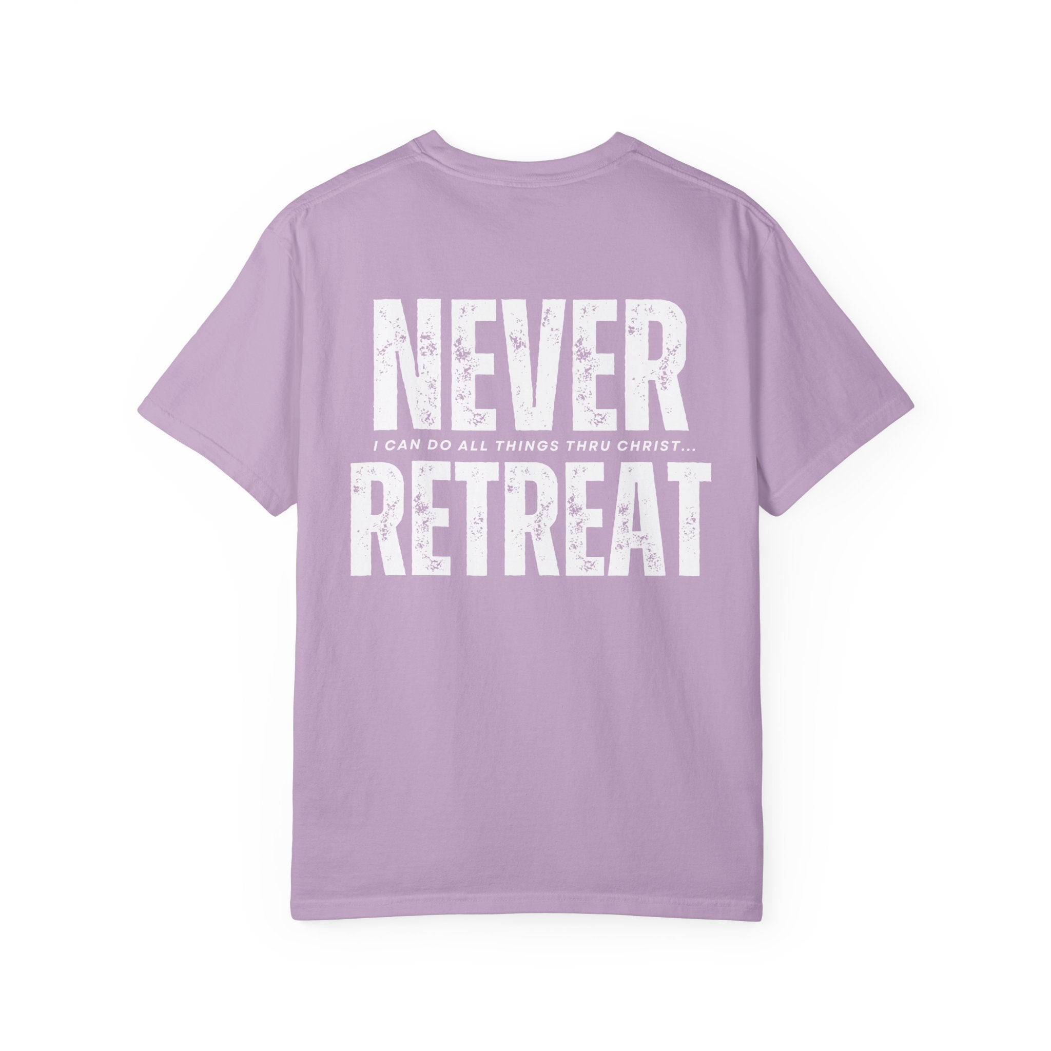 Collection of Never Retreat Shirt for Everyday Wear, Stylish Graphic Tee, Perfect for Gifts, Summer Outfits, Celebrations in a gallery layout