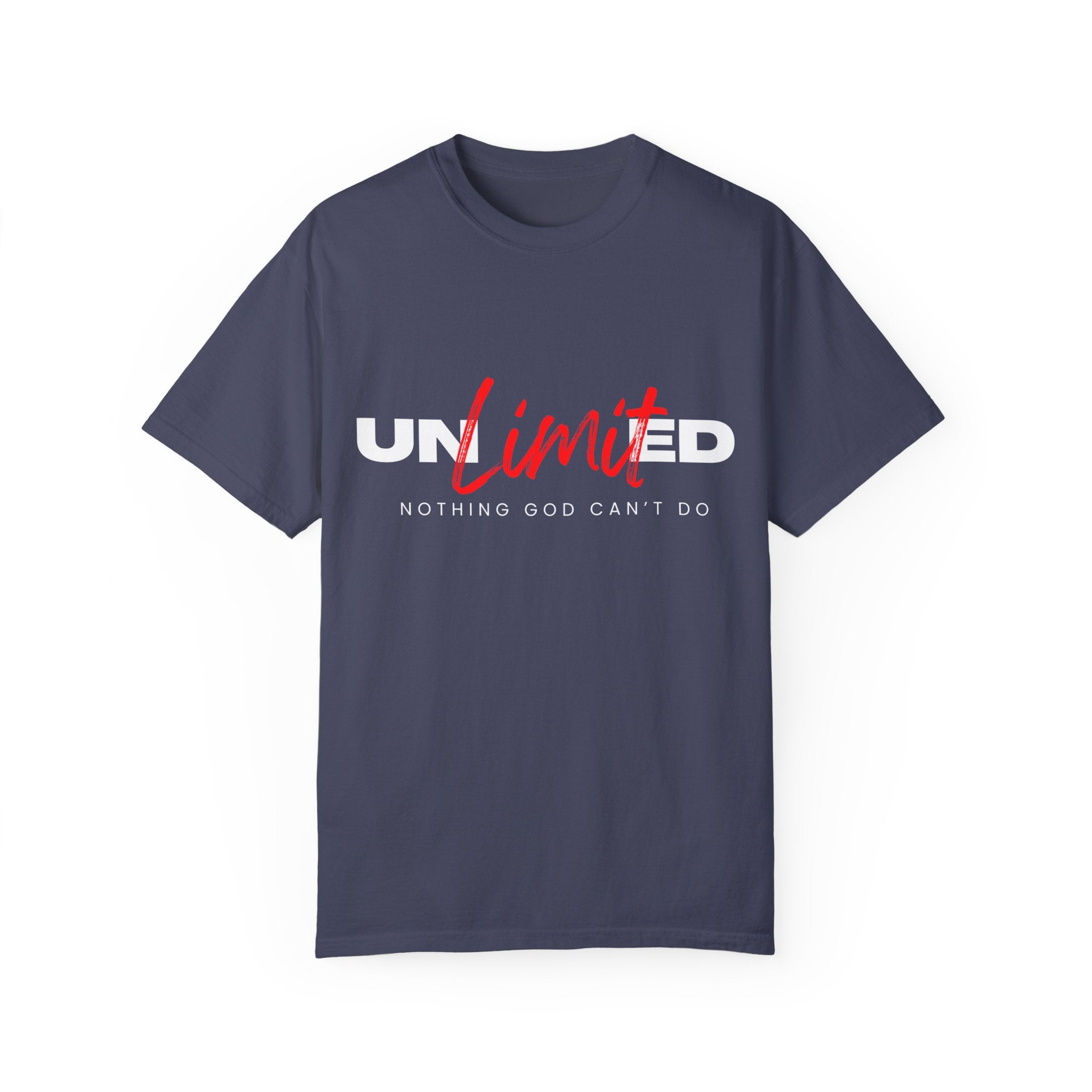 Collection of Unisex Garment-Dyed T-Shirt - "UNLIMITED: Nothing God Can’t Do" Inspirational Tee in a gallery layout