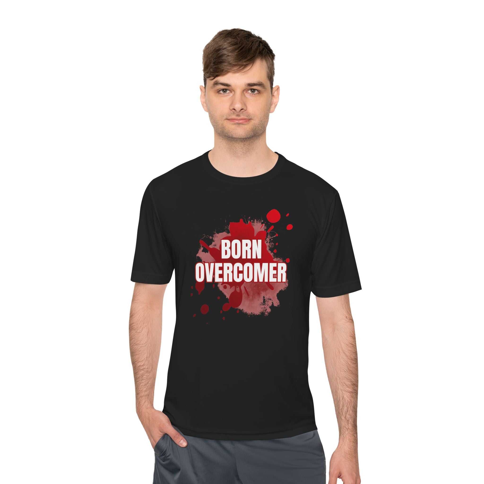 Collection of Born Overcomer Unisex Moisture Wicking Tee - Motivational Fitness Shirt in a gallery layout