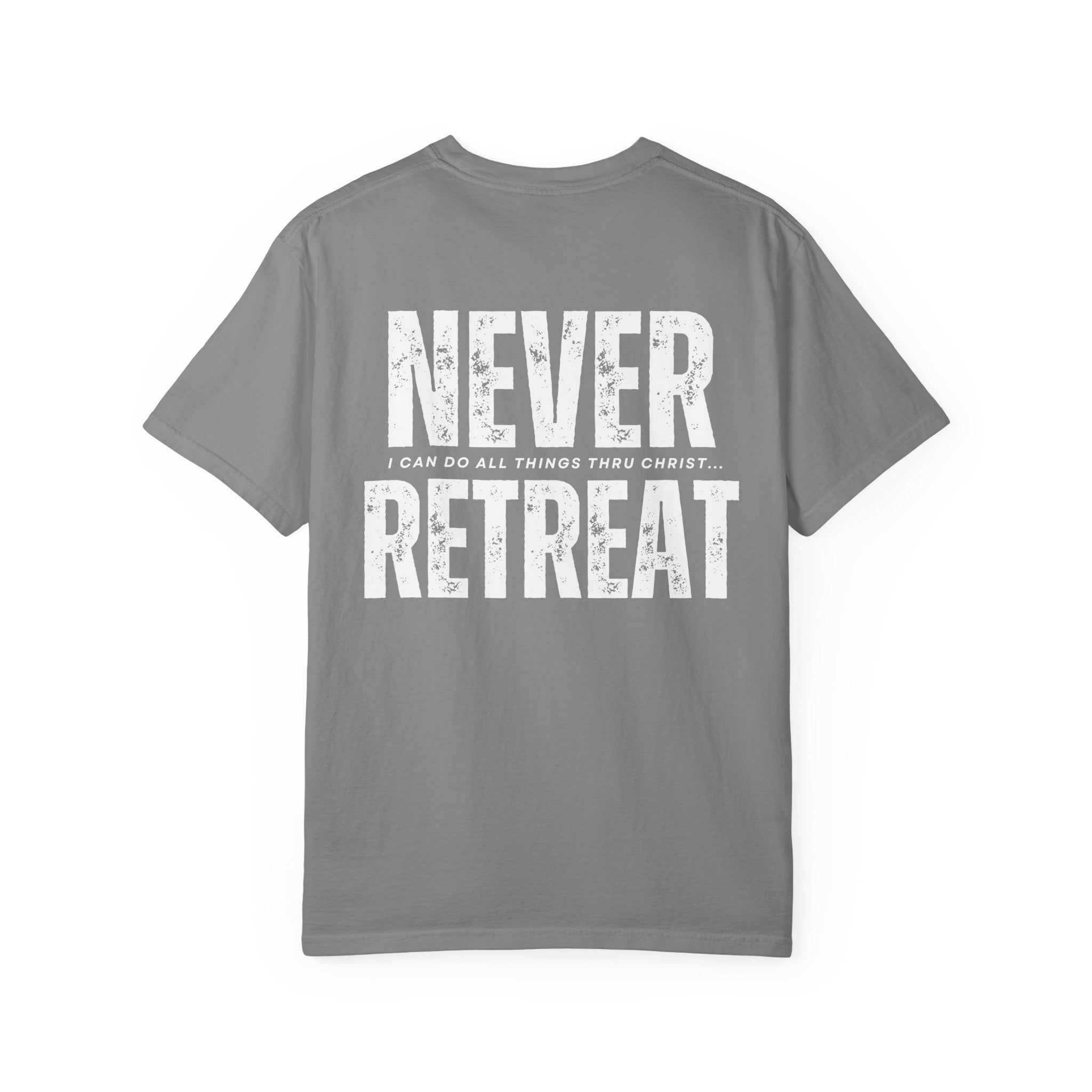 Collection of Never Retreat Shirt for Everyday Wear, Stylish Graphic Tee, Perfect for Gifts, Summer Outfits, Celebrations in a gallery layout