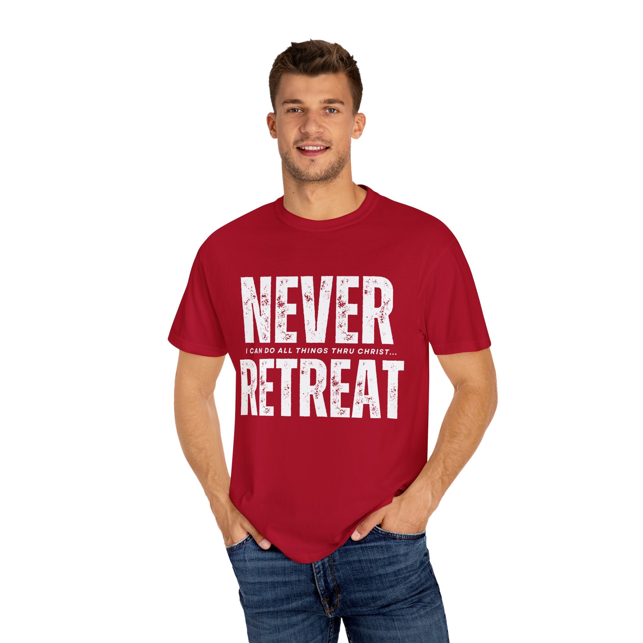 Collection of Never Retreat Shirt for Everyday Wear, Stylish Graphic Tee, Perfect for Gifts, Summer Outfits, Celebrations in a gallery layout