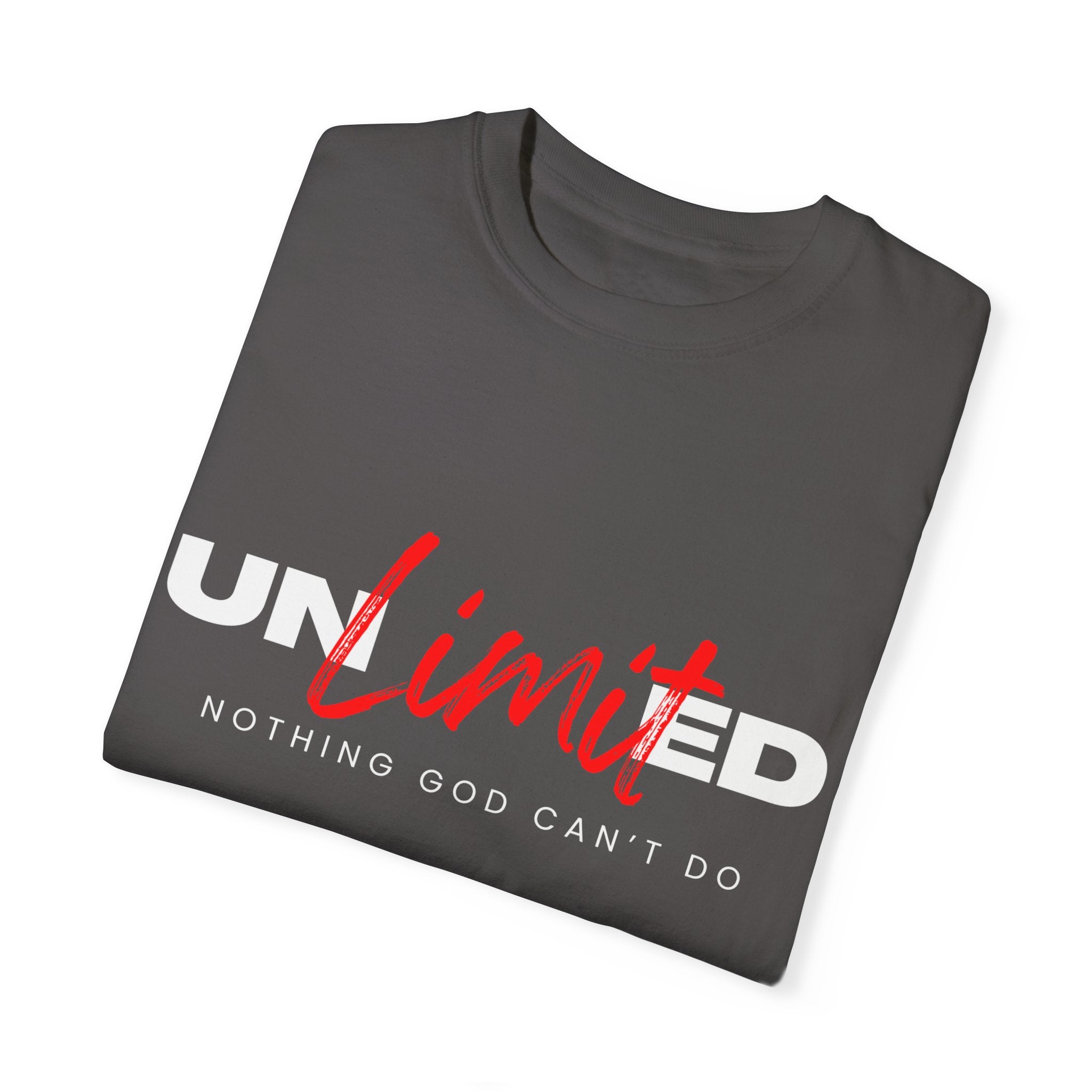 Collection of Unisex Garment-Dyed T-Shirt - "UNLIMITED: Nothing God Can’t Do" Inspirational Tee in a gallery layout