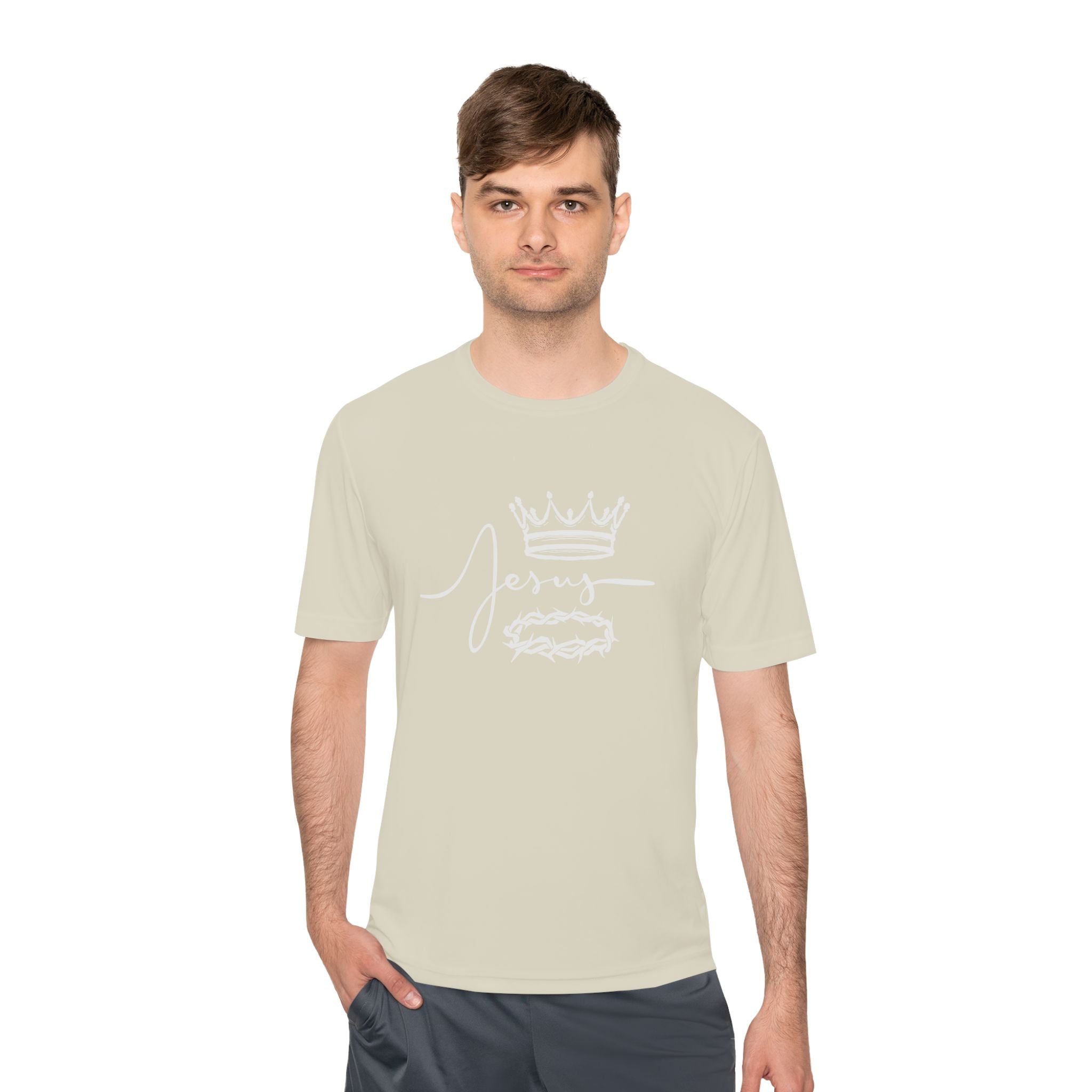 Collection of Faith-Inspired Unisex Moisture Wicking Tee - 'Jesus' Crown Design in a gallery layout