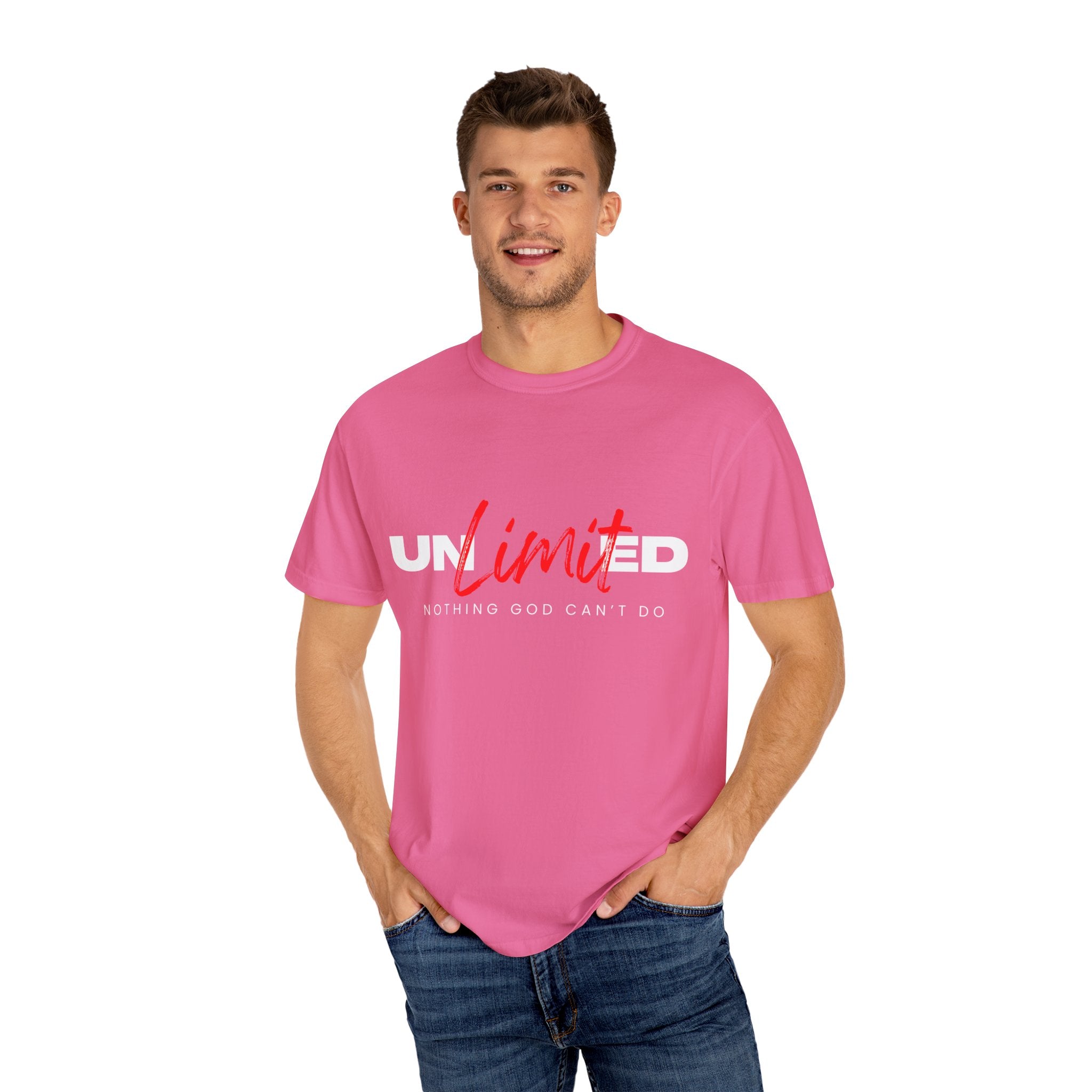 Collection of Unisex Garment-Dyed T-Shirt - "UNLIMITED: Nothing God Can’t Do" Inspirational Tee in a gallery layout
