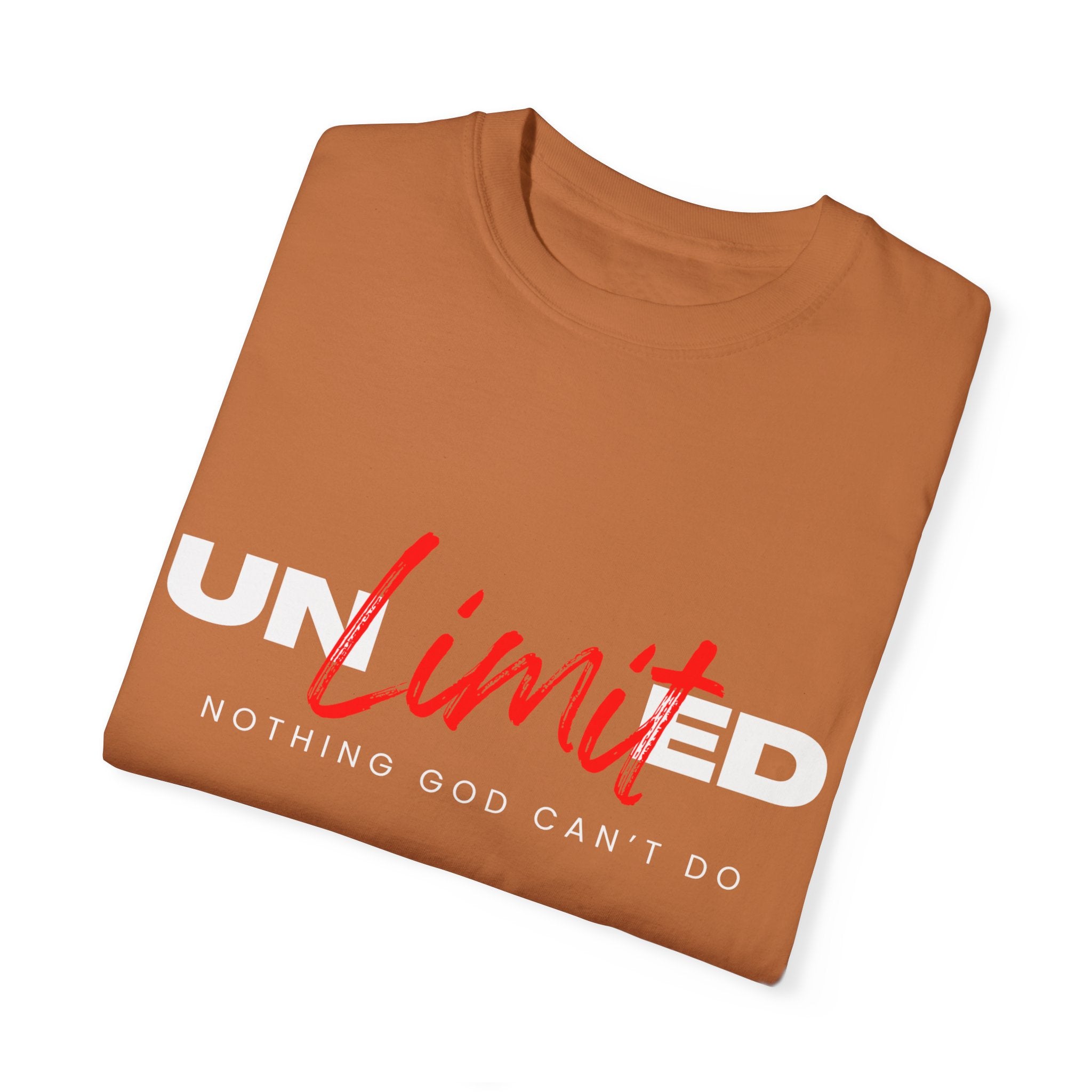 Collection of Unisex Garment-Dyed T-Shirt - "UNLIMITED: Nothing God Can’t Do" Inspirational Tee in a gallery layout