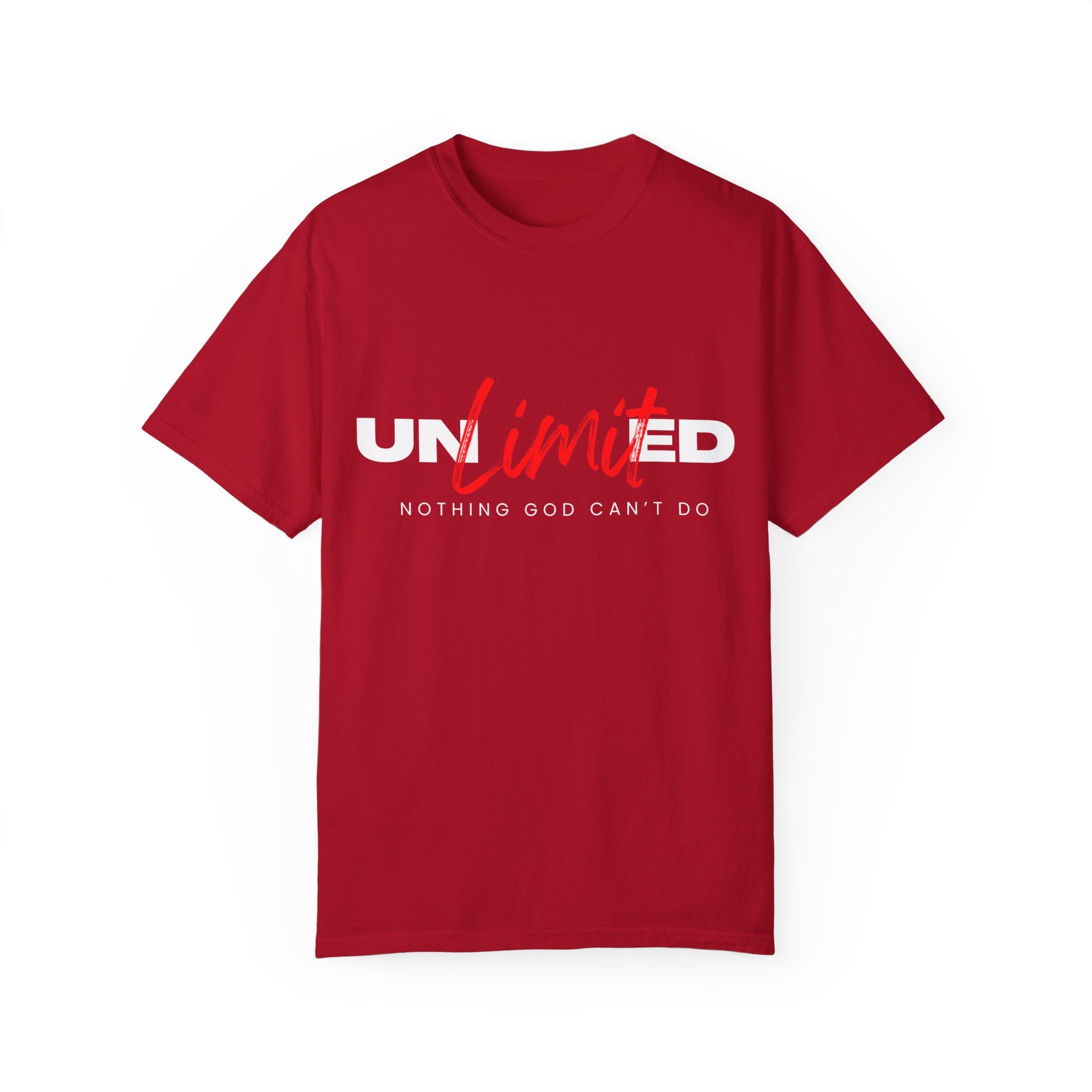 Collection of Unisex Garment-Dyed T-Shirt - "UNLIMITED: Nothing God Can’t Do" Inspirational Tee in a gallery layout