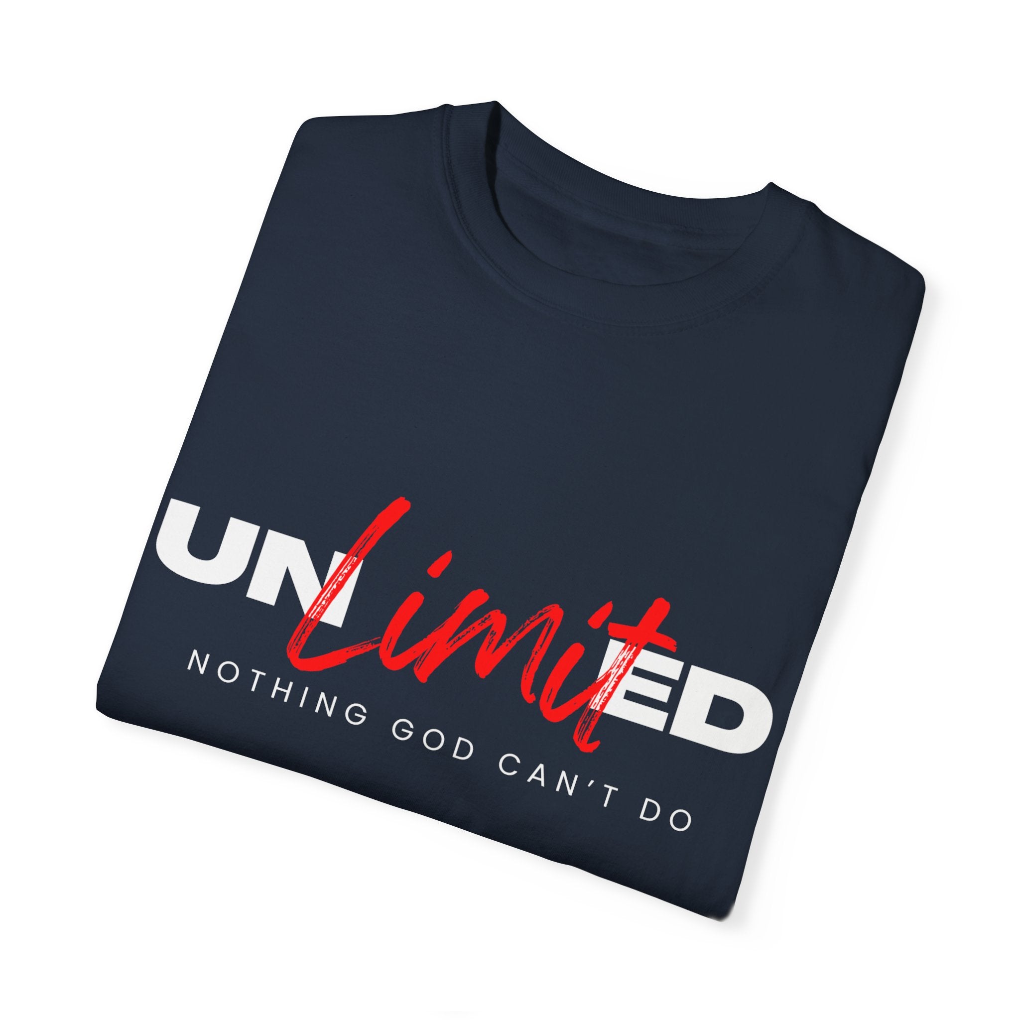 Collection of Unisex Garment-Dyed T-Shirt - "UNLIMITED: Nothing God Can’t Do" Inspirational Tee in a gallery layout