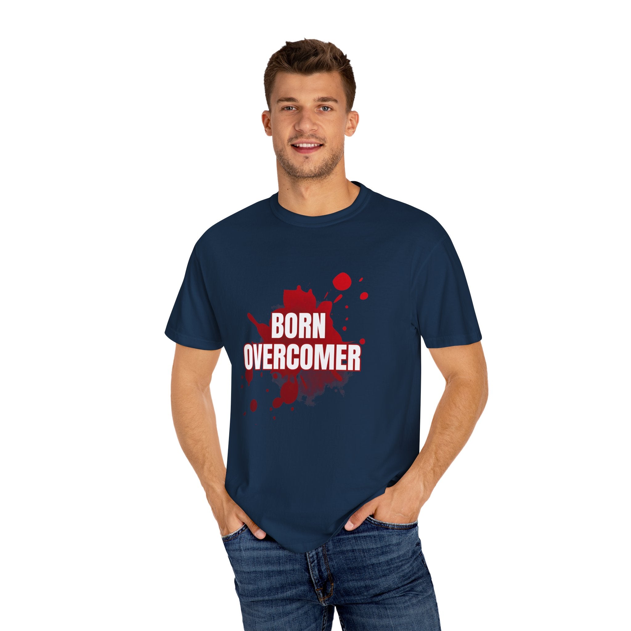 Collection of Born Overcomer Unisex Garment-Dyed T-shirt - Inspirational Tee for Motivated Individuals in a gallery layout
