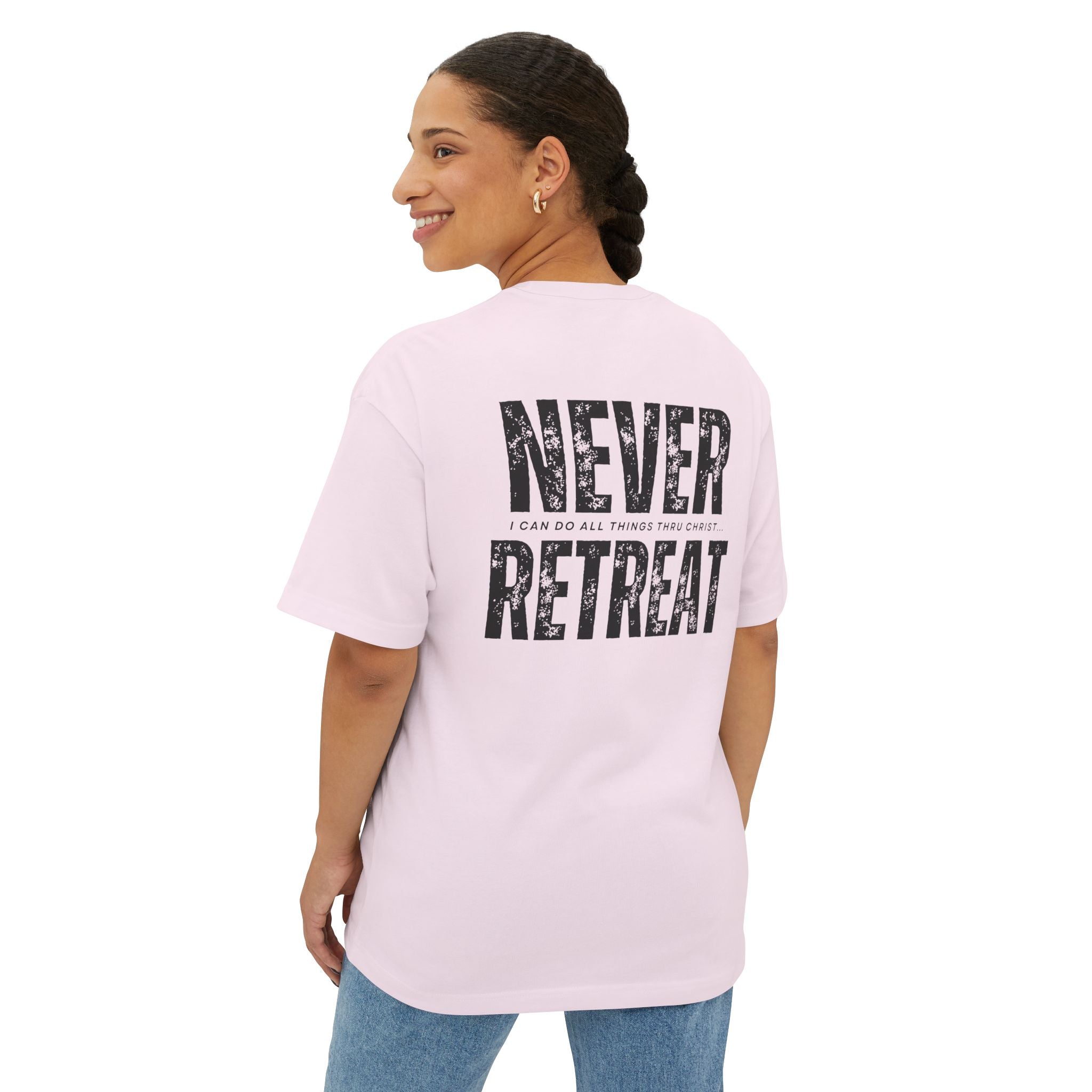 Collection of Motivational Oversized Tee - Never Retreat, Comfort Shirt, Casual Wear, Inspirational Gift, Unisex T-Shirt, Relaxed Fit in a gallery layout