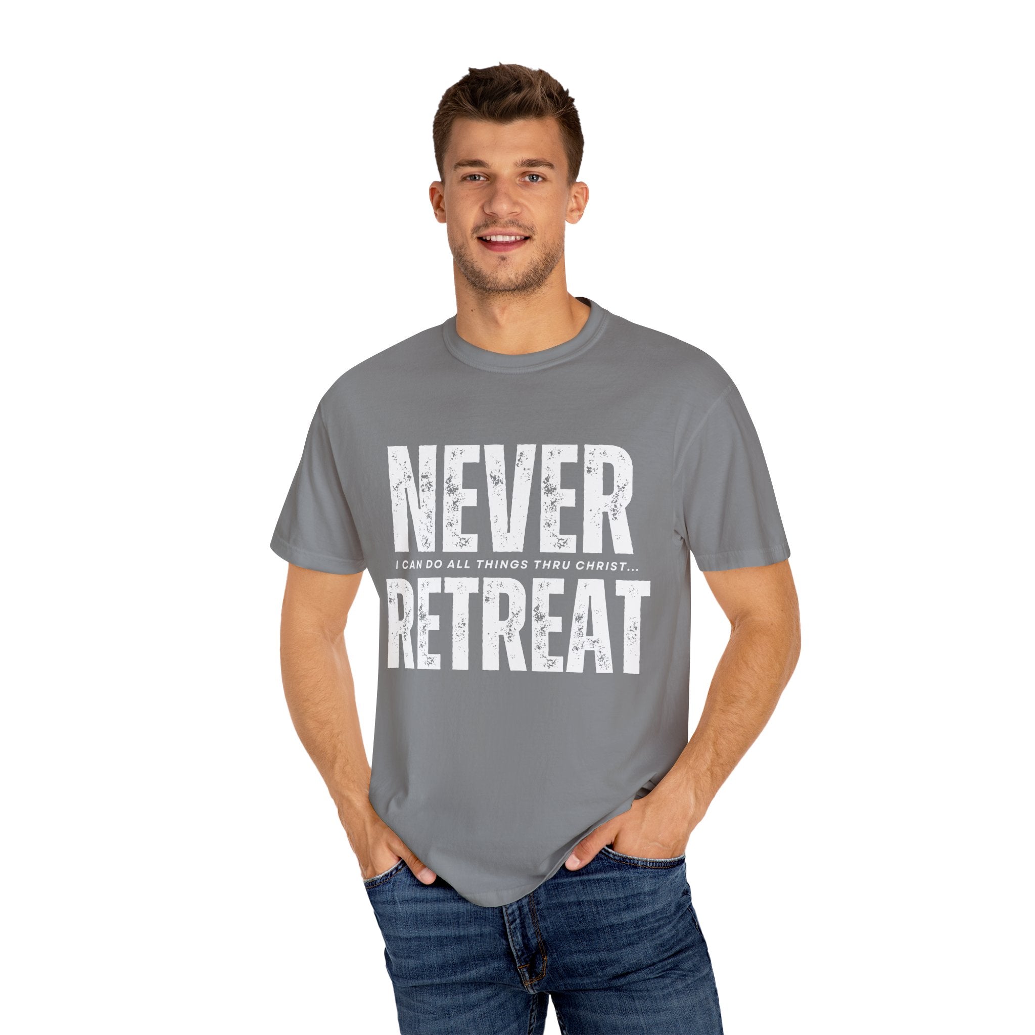Collection of Never Retreat Shirt for Everyday Wear, Stylish Graphic Tee, Perfect for Gifts, Summer Outfits, Celebrations in a gallery layout