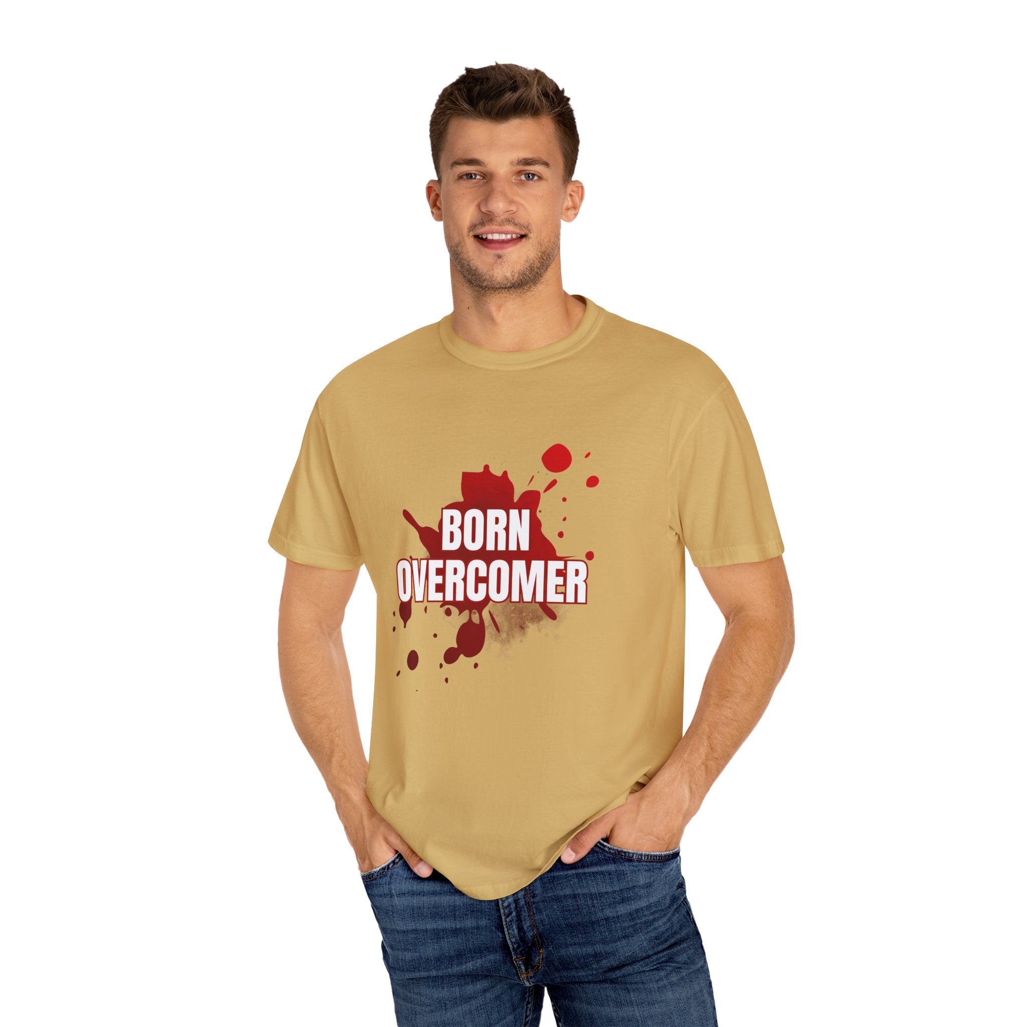 Collection of Born Overcomer Unisex Garment-Dyed T-shirt - Inspirational Tee for Motivated Individuals in a gallery layout