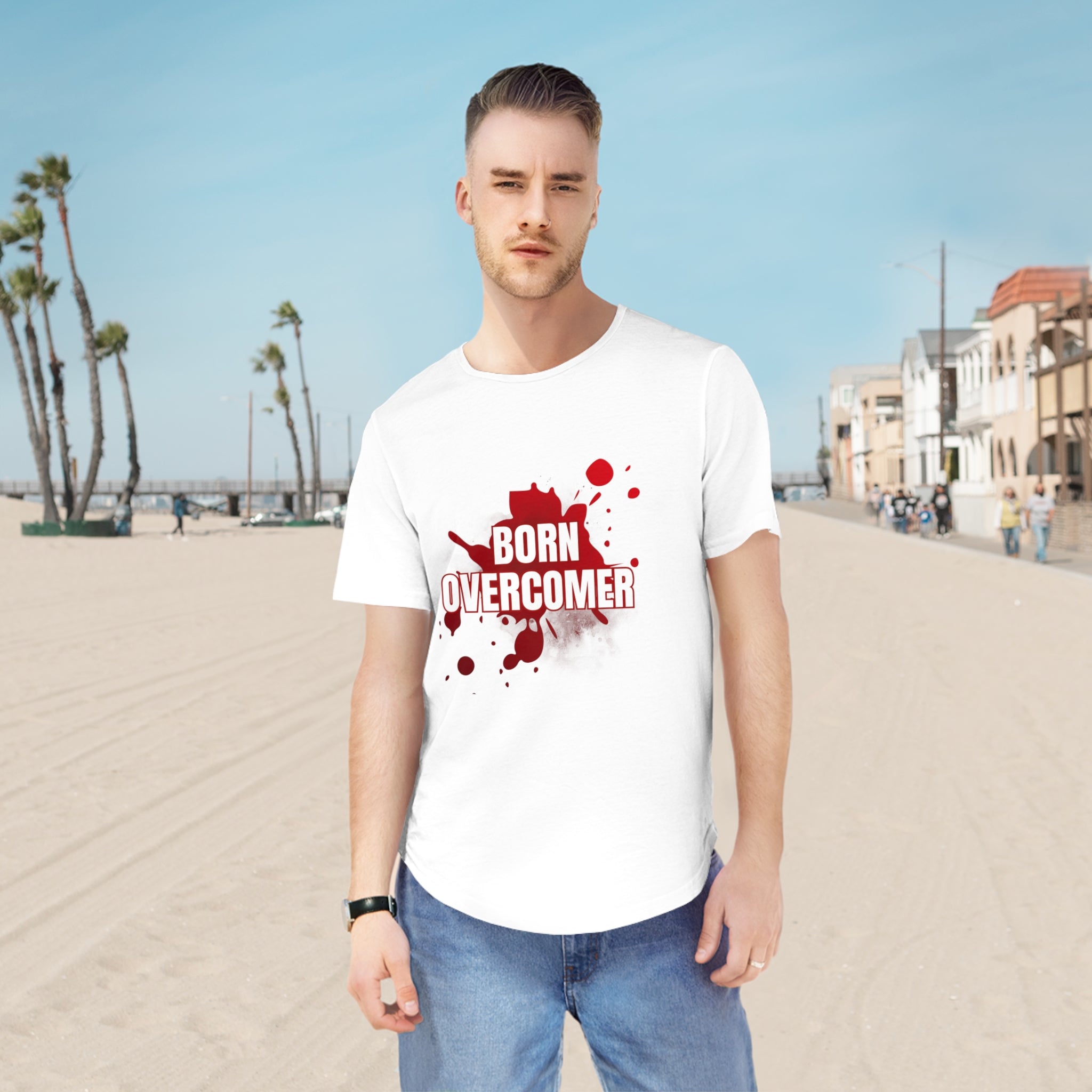 Collection of Born Overcomer Men's Jersey Curved Hem Tee - Inspirational Graphic Tee in a gallery layout