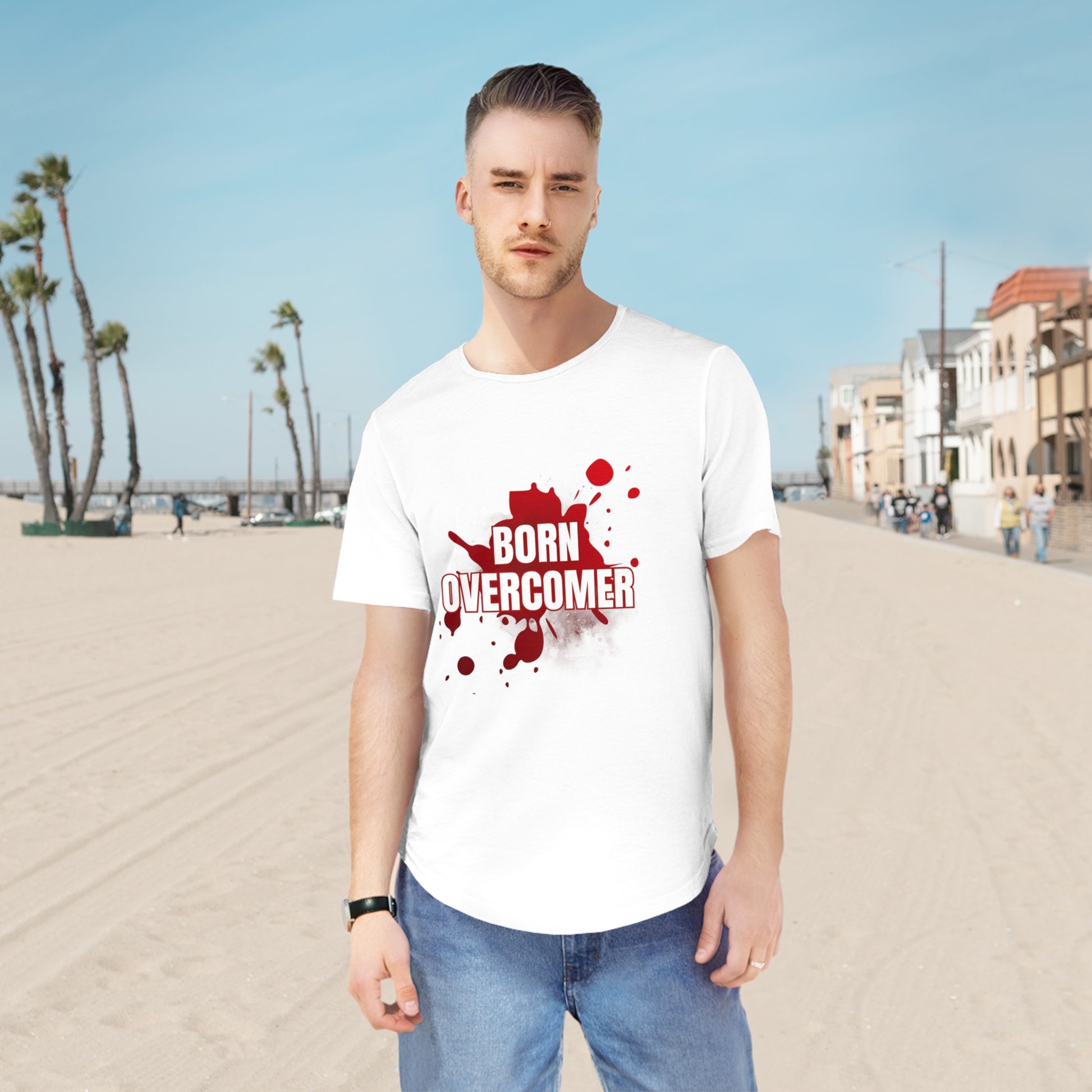 Born Overcomer Men's Jersey Curved Hem Tee - Inspirational Graphic Tee