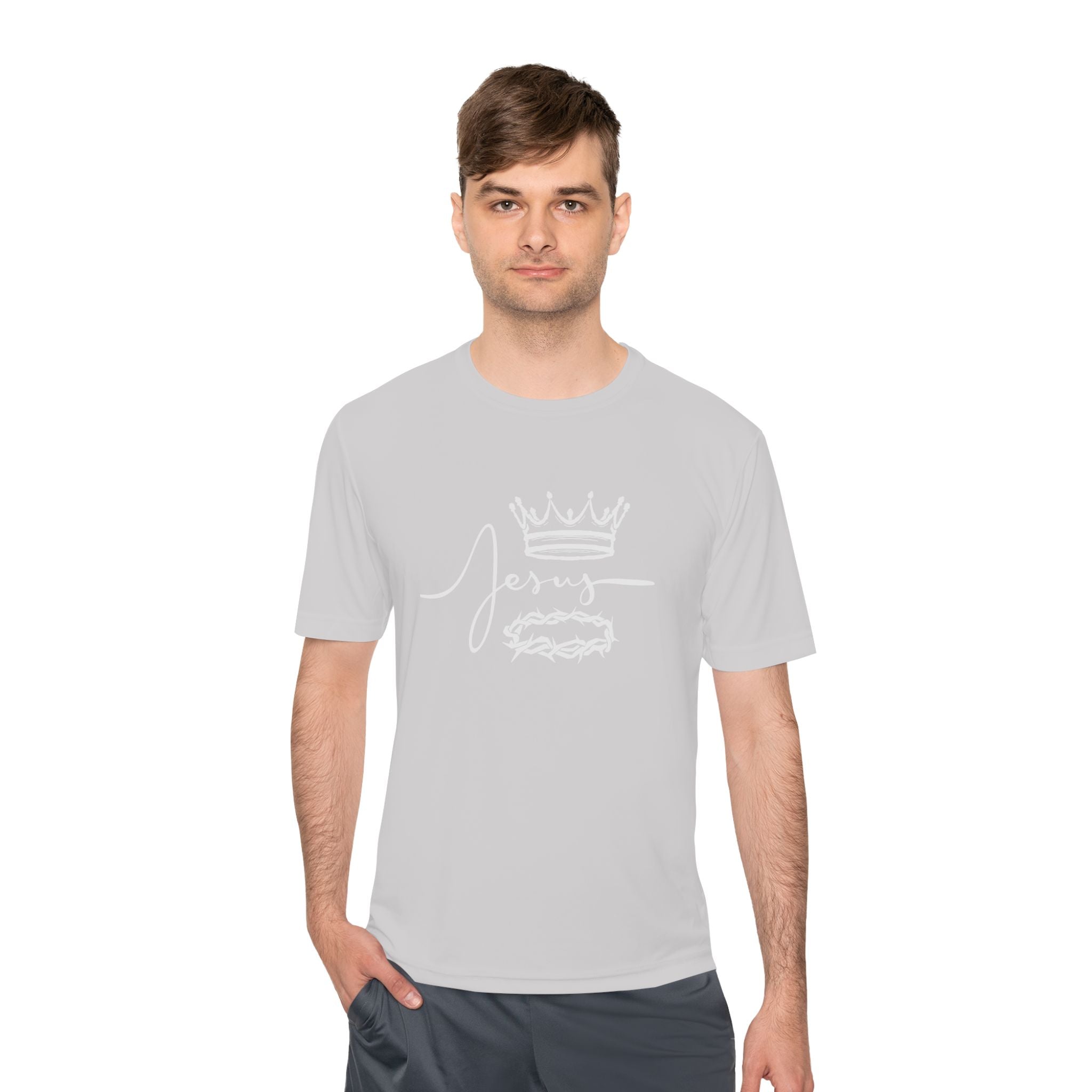 Collection of Faith-Inspired Unisex Moisture Wicking Tee - 'Jesus' Crown Design in a gallery layout