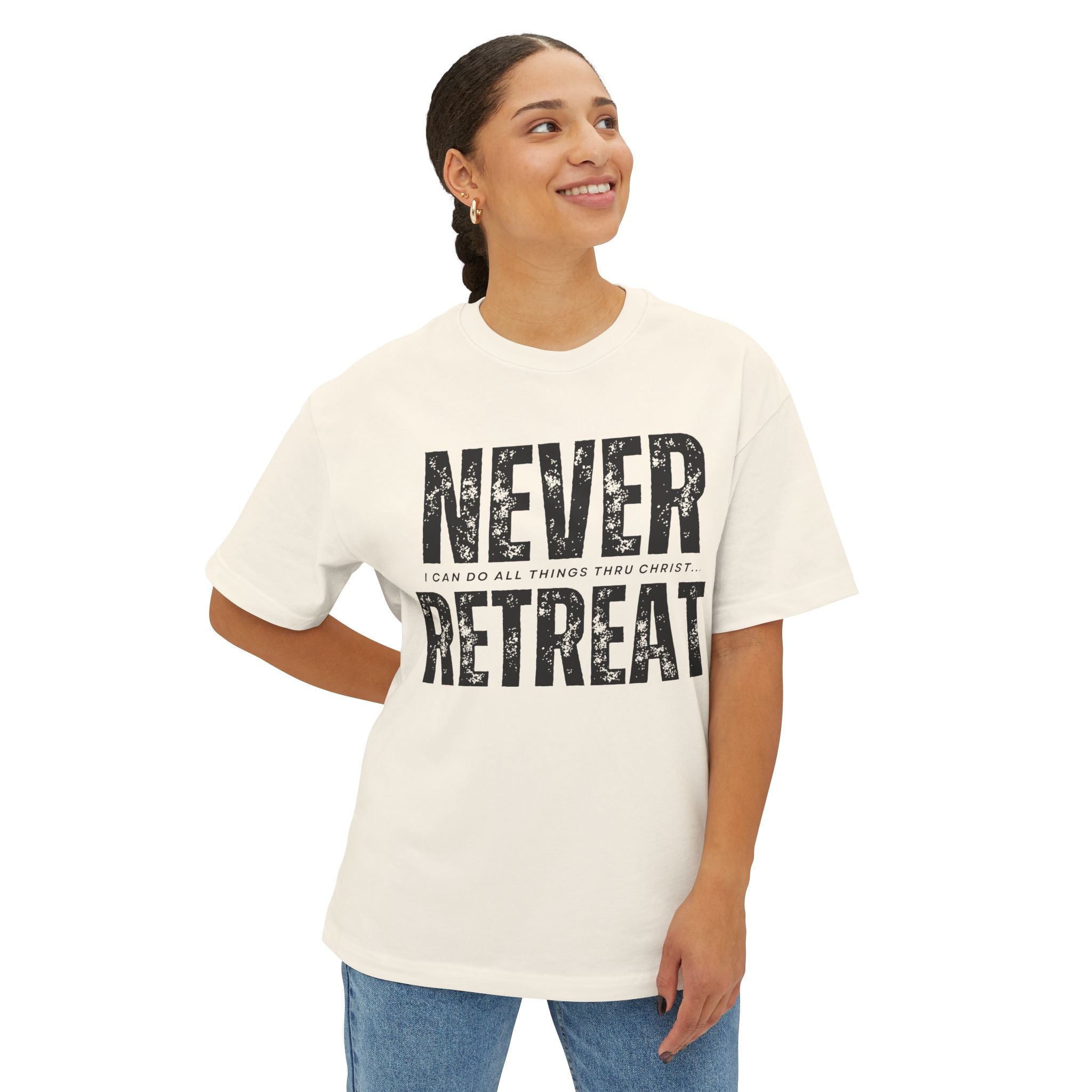 Collection of Motivational Oversized Tee - Never Retreat, Comfort Shirt, Casual Wear, Inspirational Gift, Unisex T-Shirt, Relaxed Fit in a gallery layout