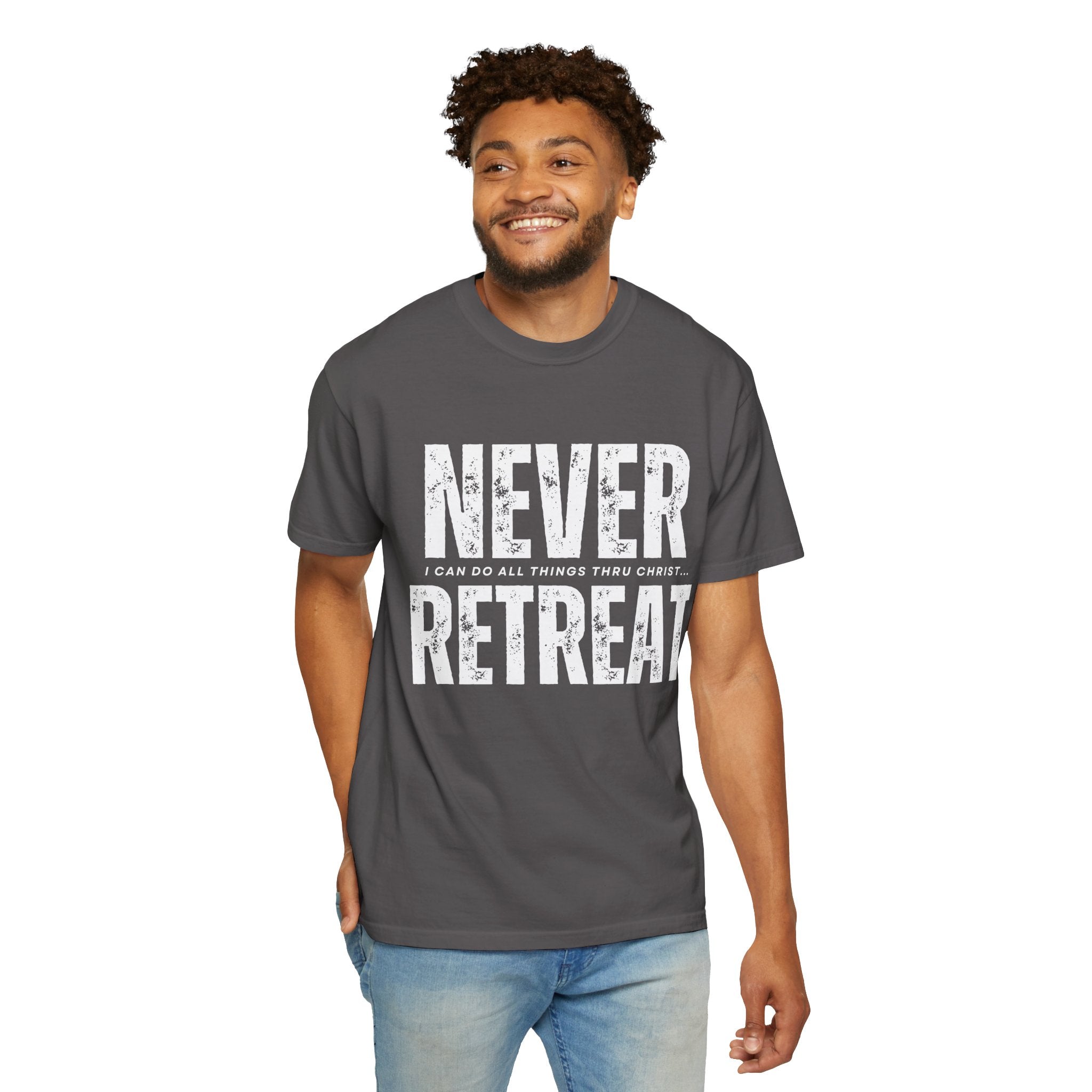 Collection of Never Retreat Shirt for Everyday Wear, Stylish Graphic Tee, Perfect for Gifts, Summer Outfits, Celebrations in a gallery layout