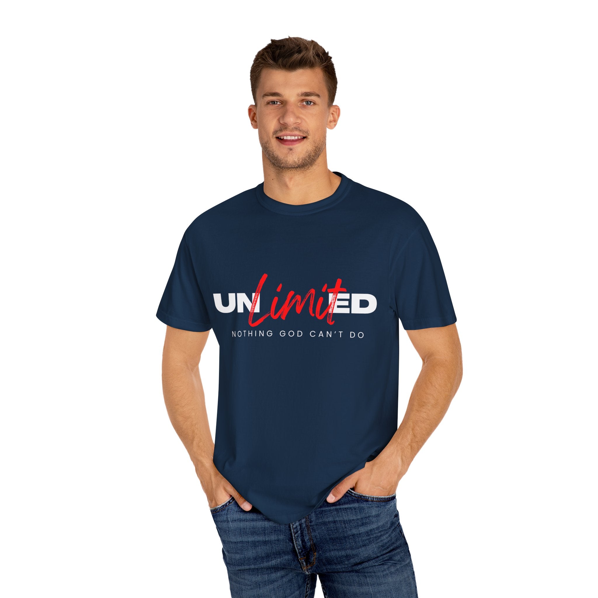 Collection of Unisex Garment-Dyed T-Shirt - "UNLIMITED: Nothing God Can’t Do" Inspirational Tee in a gallery layout