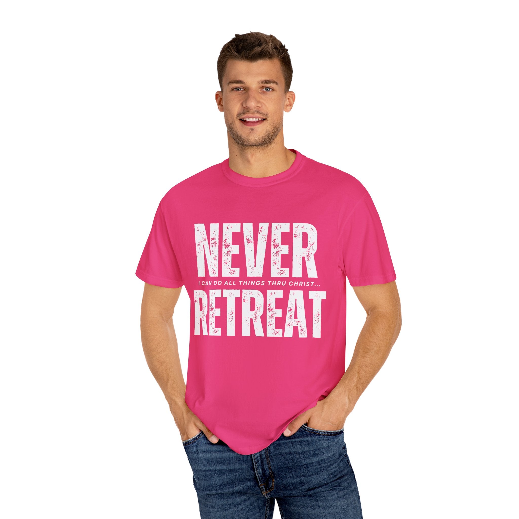 Collection of Never Retreat Shirt for Everyday Wear, Stylish Graphic Tee, Perfect for Gifts, Summer Outfits, Celebrations in a gallery layout