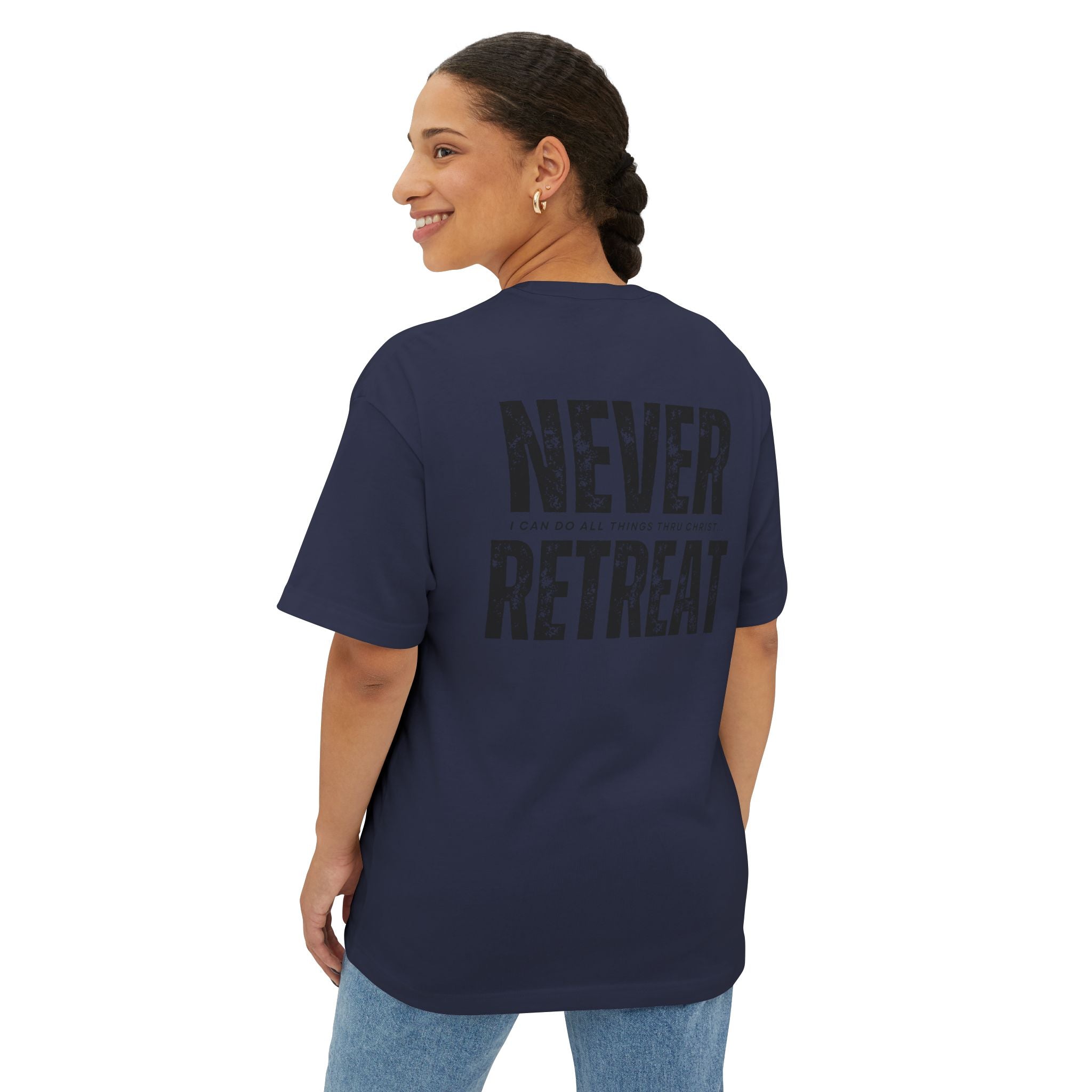 Collection of Motivational Oversized Tee - Never Retreat, Comfort Shirt, Casual Wear, Inspirational Gift, Unisex T-Shirt, Relaxed Fit in a gallery layout