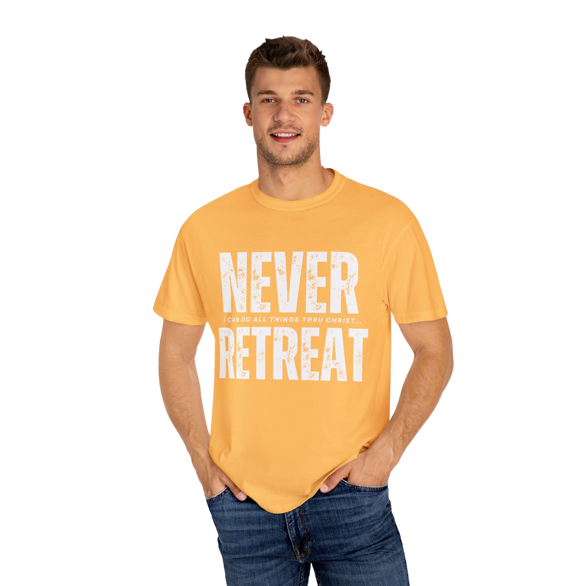 Collection of Never Retreat Shirt for Everyday Wear, Stylish Graphic Tee, Perfect for Gifts, Summer Outfits, Celebrations in a gallery layout