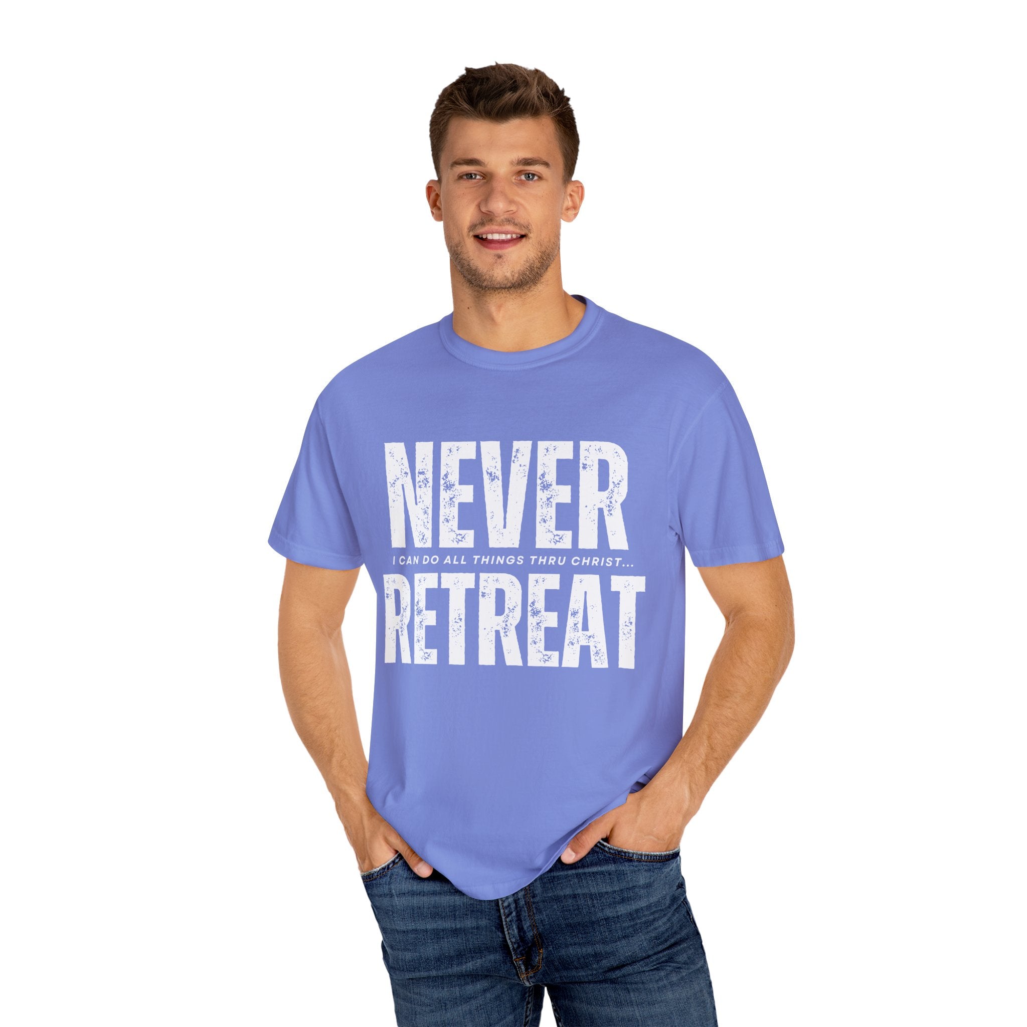 Collection of Never Retreat Shirt for Everyday Wear, Stylish Graphic Tee, Perfect for Gifts, Summer Outfits, Celebrations in a gallery layout