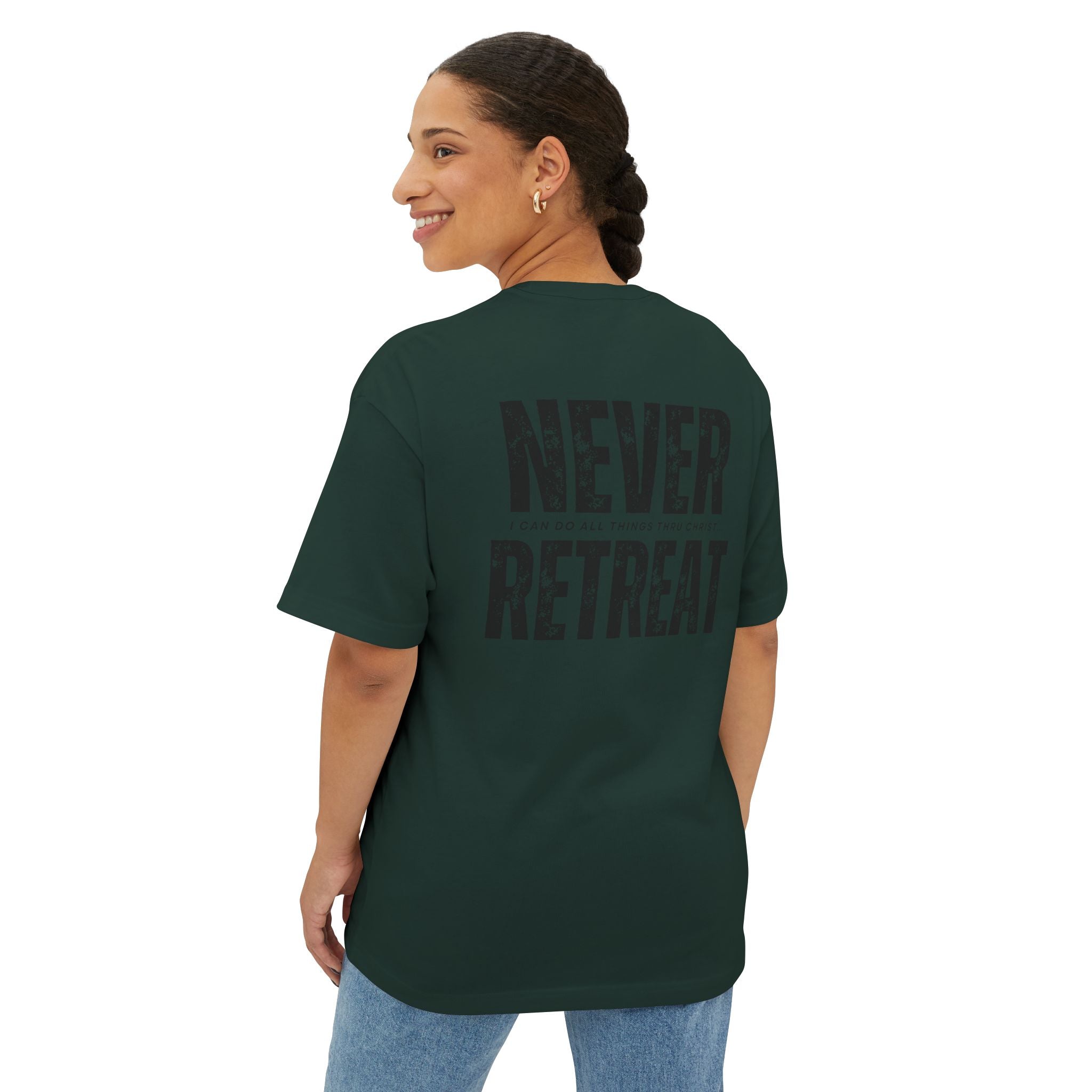 Collection of Motivational Oversized Tee - Never Retreat, Comfort Shirt, Casual Wear, Inspirational Gift, Unisex T-Shirt, Relaxed Fit in a gallery layout